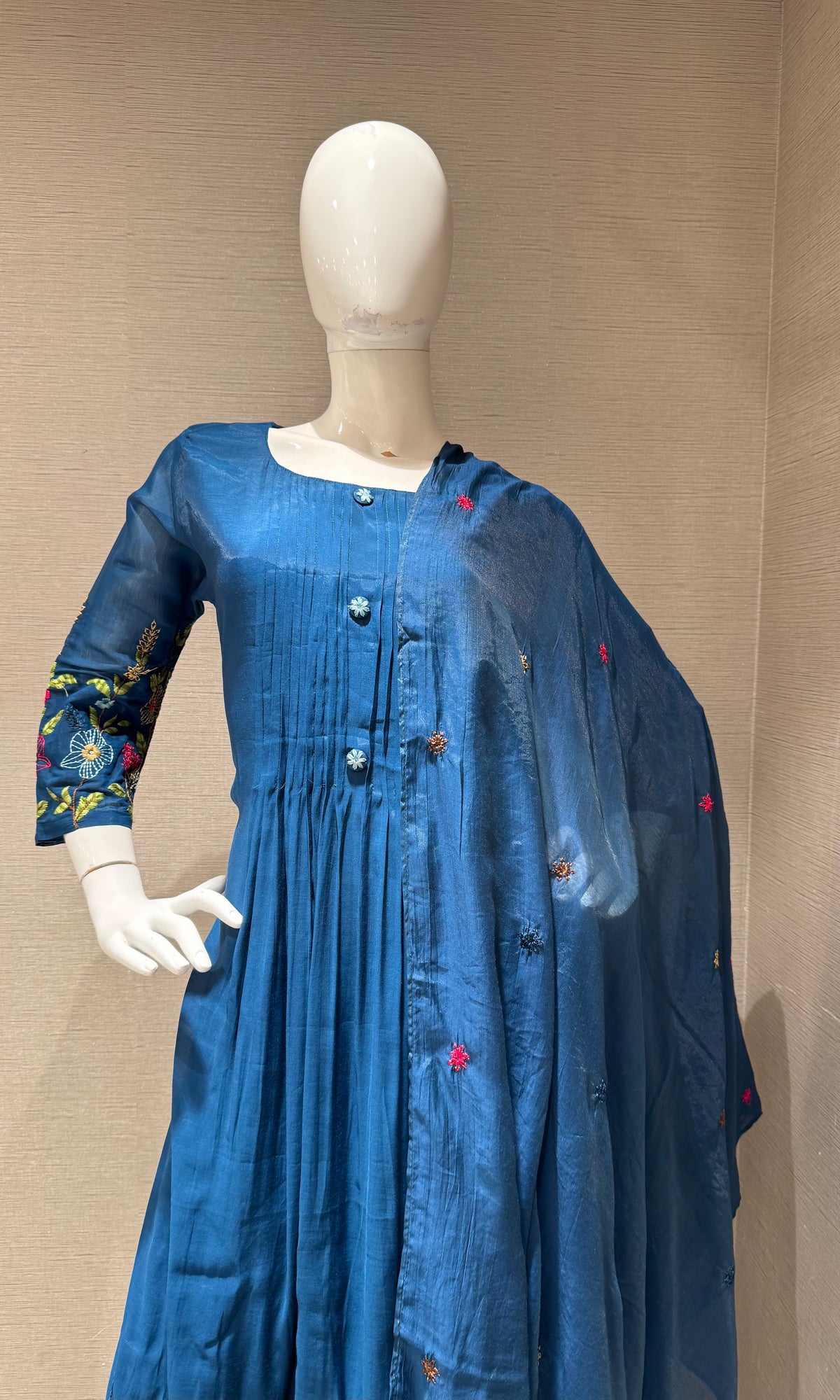 Navy Blue Floral Mul Chanderi Kurta set with dupatta