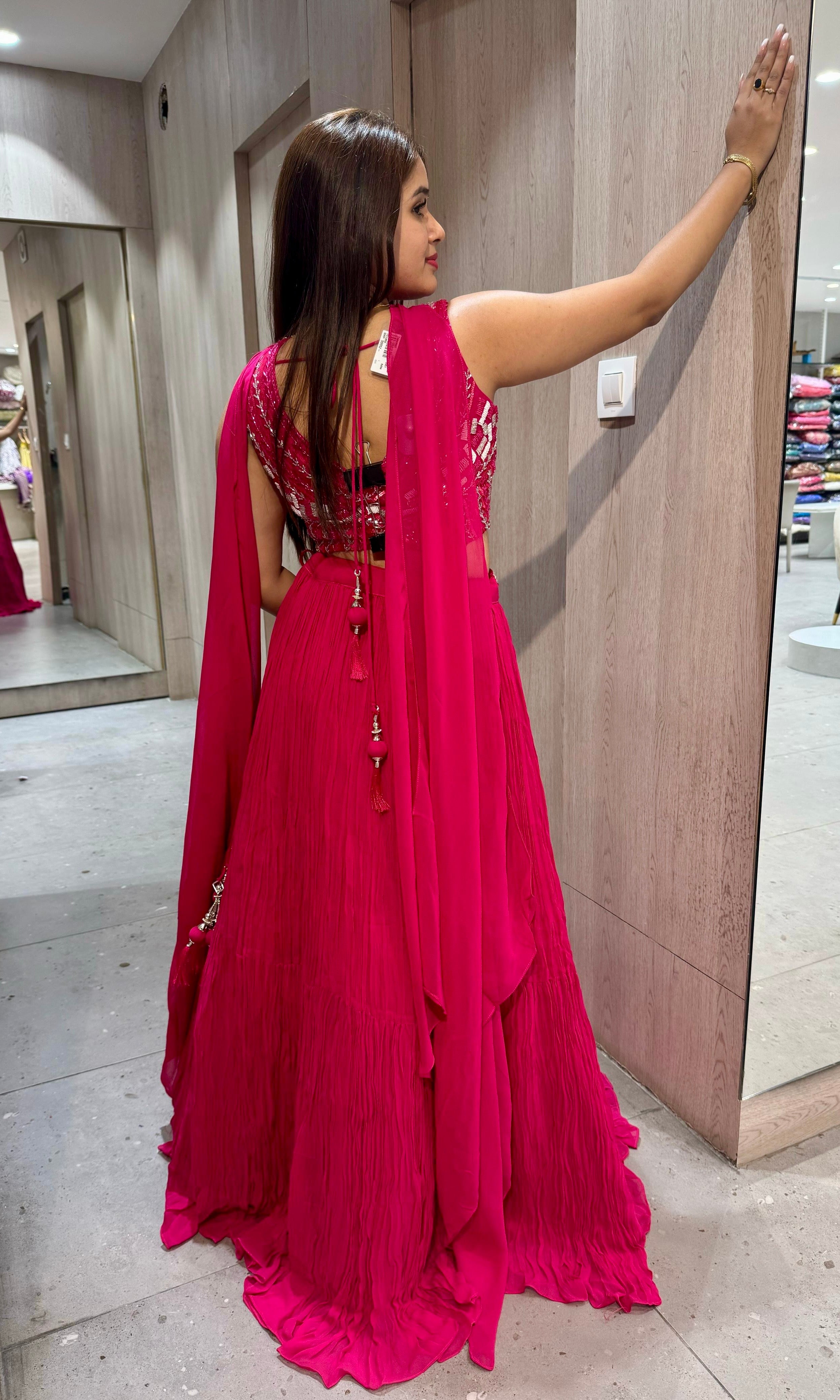 Rani pink croptop with crushed Lehenga