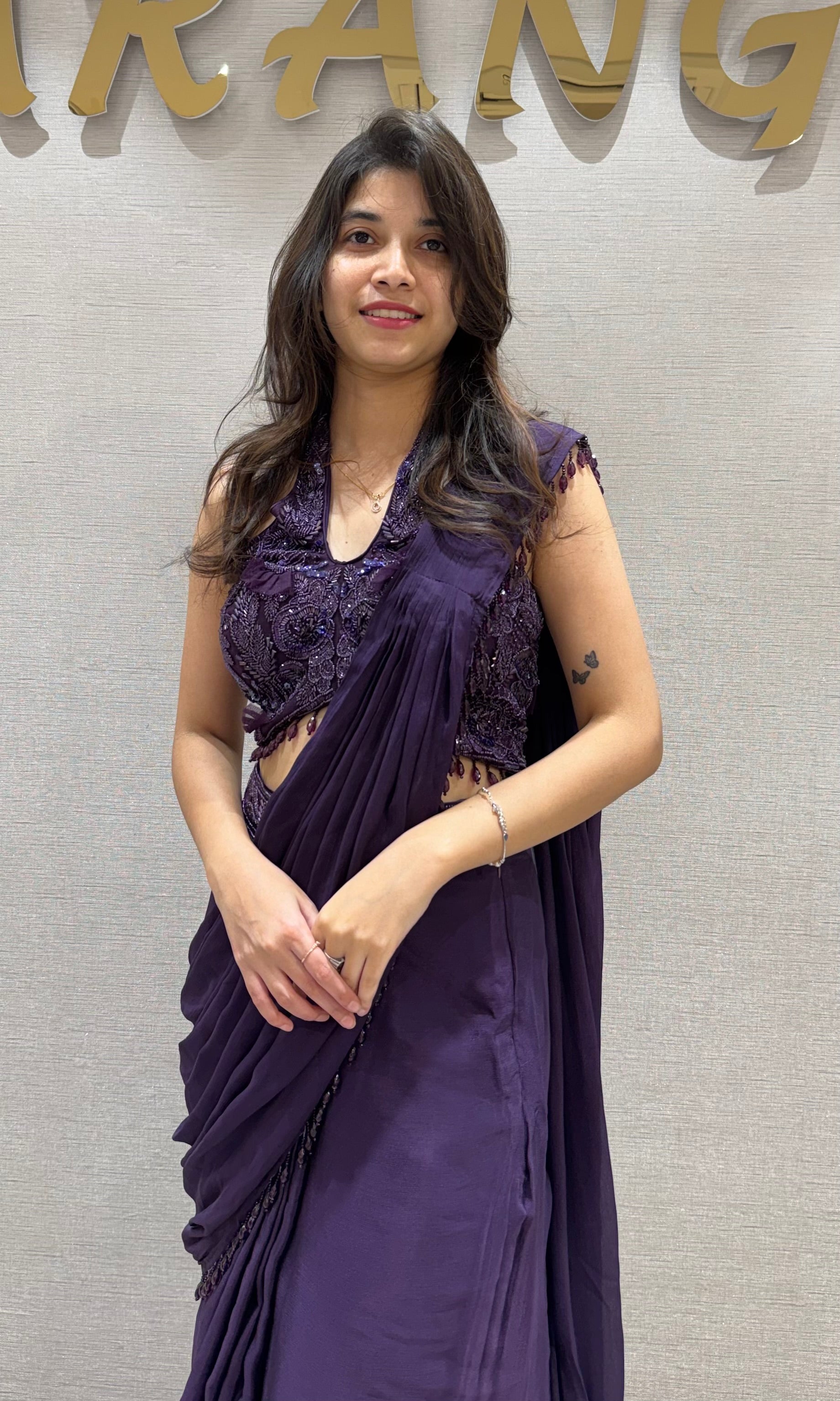 Wine Embellished Ruffle Drape Saree