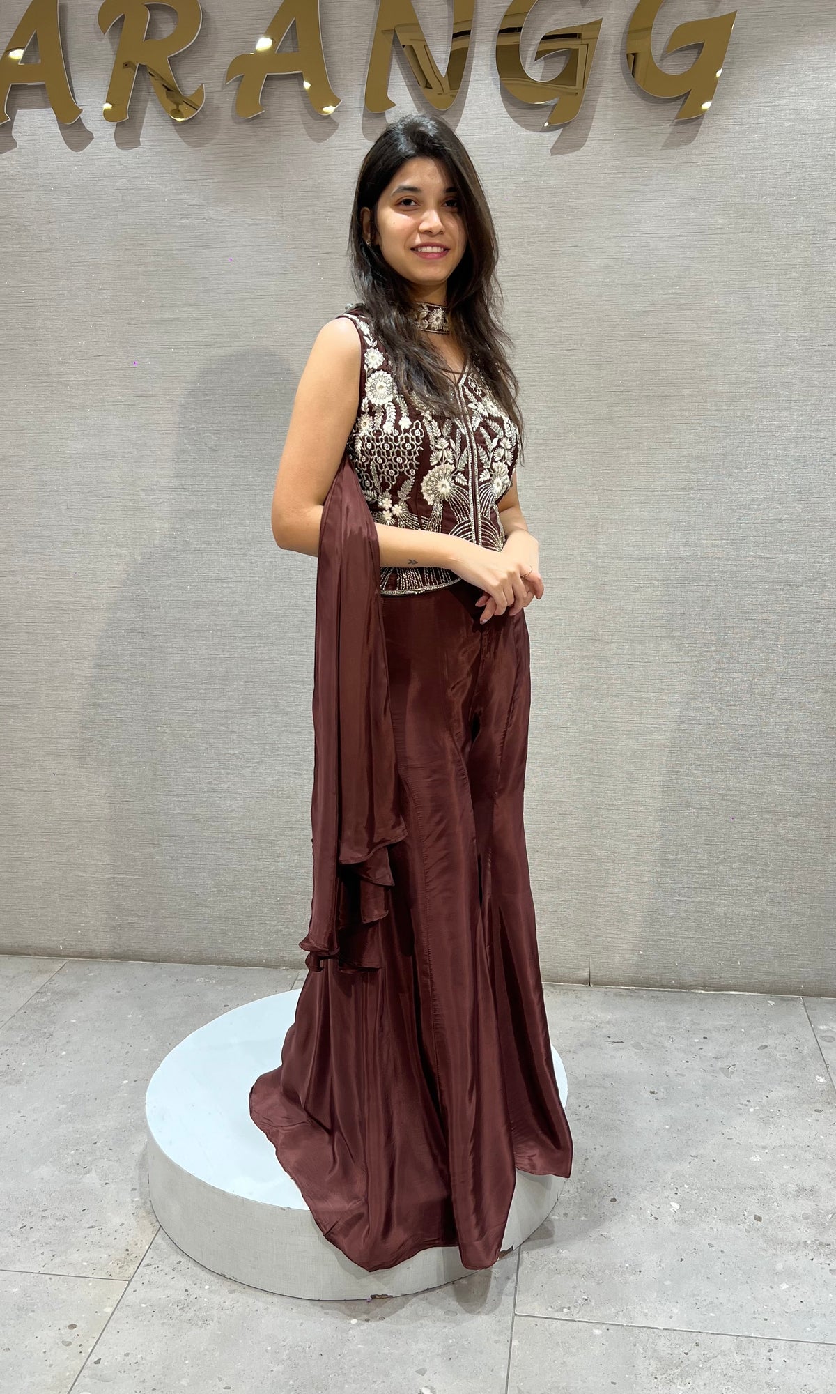 Brown Silk golden floral embroidered peplum palazzo set
