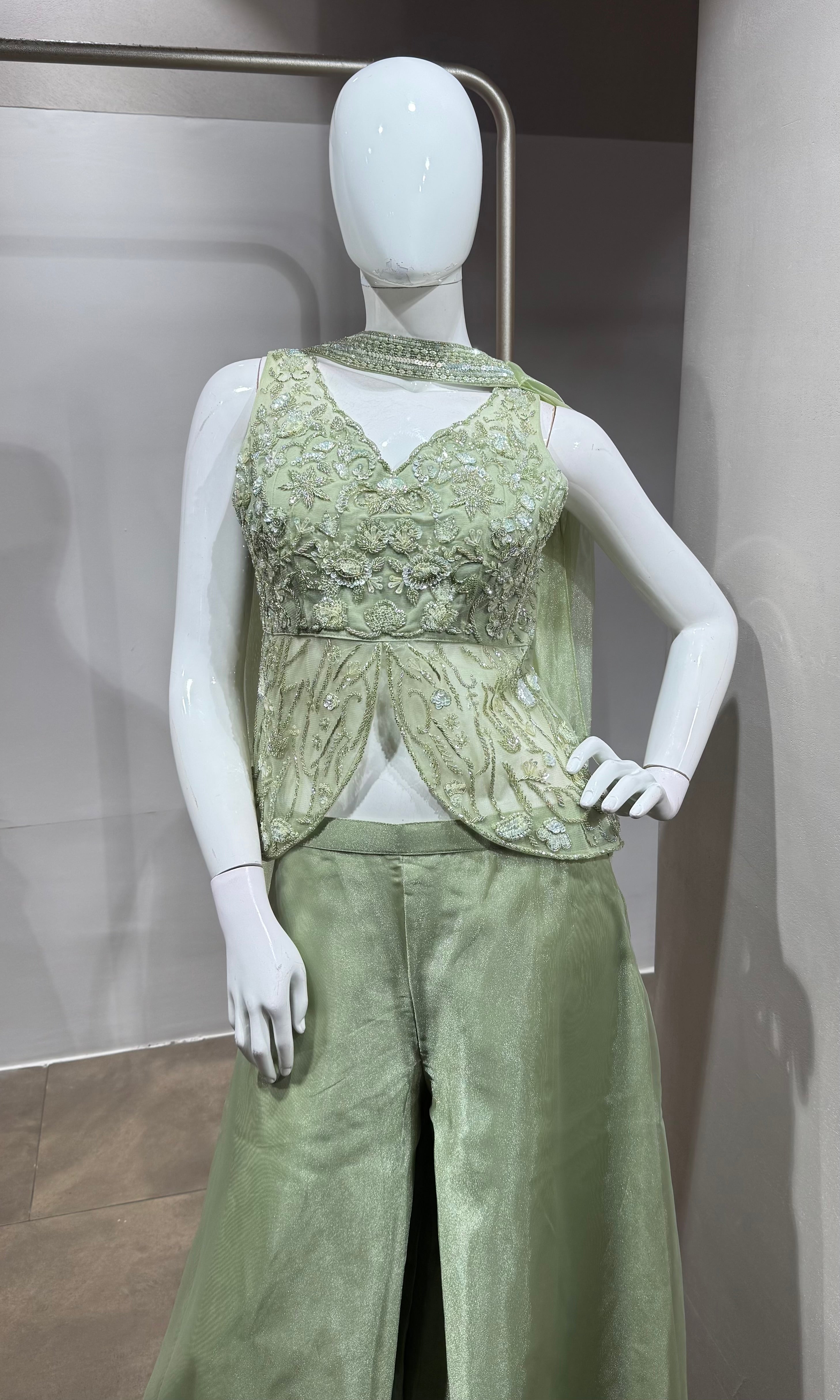 Pista Green Shimmer Organza Palazzo Suit