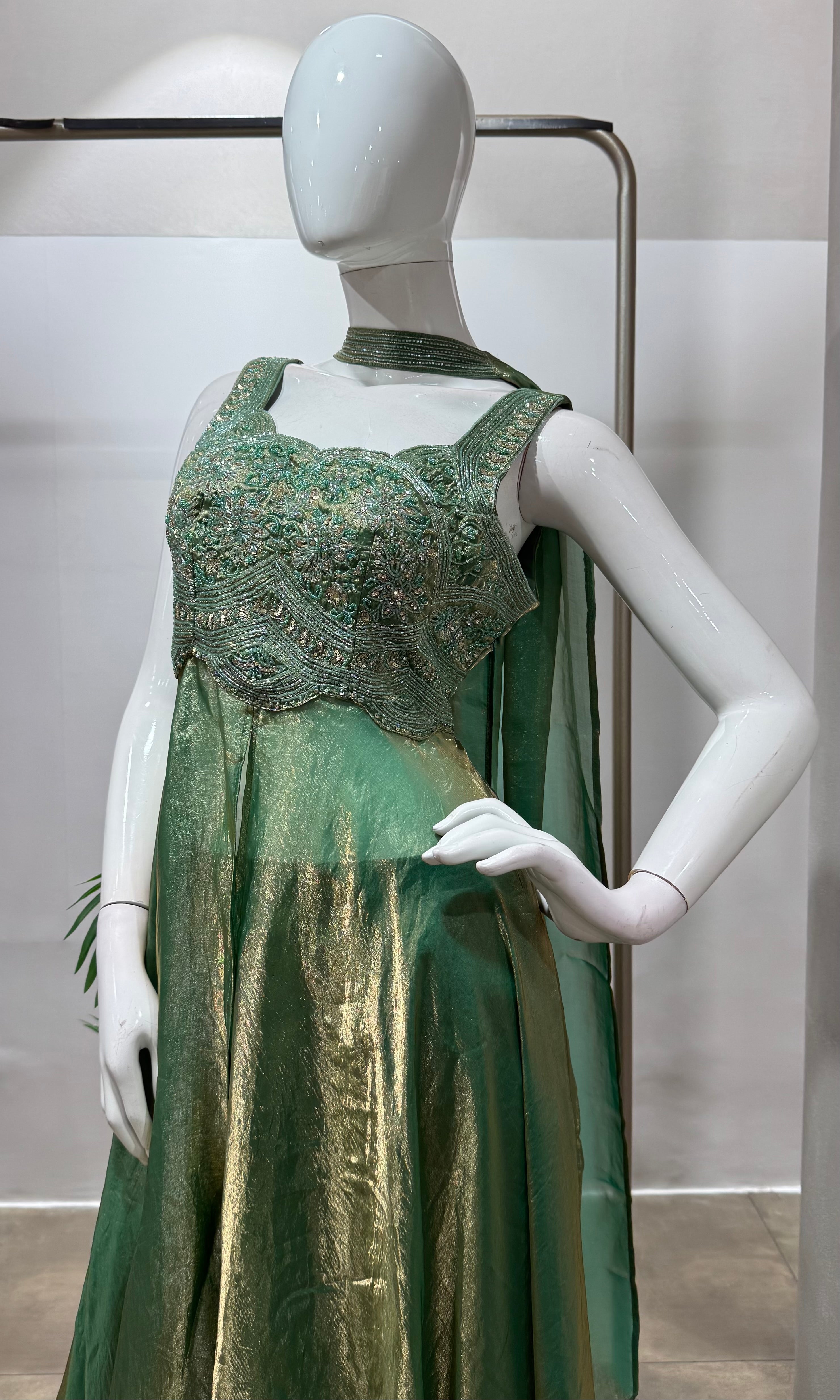Green embroidered anarkali set