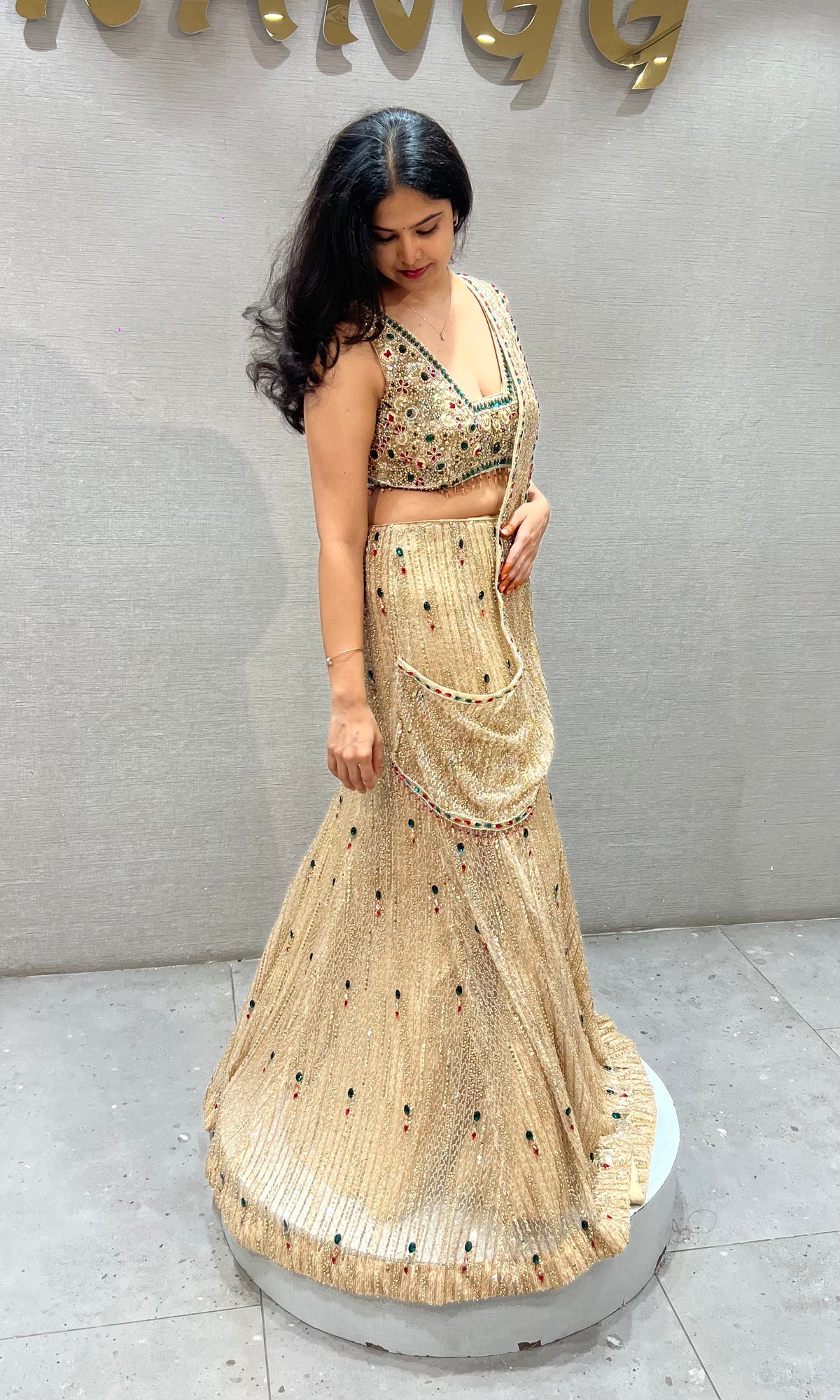 Gold Net Mermaid Lehenga with Jewel Stone & Cutdana Embroidery