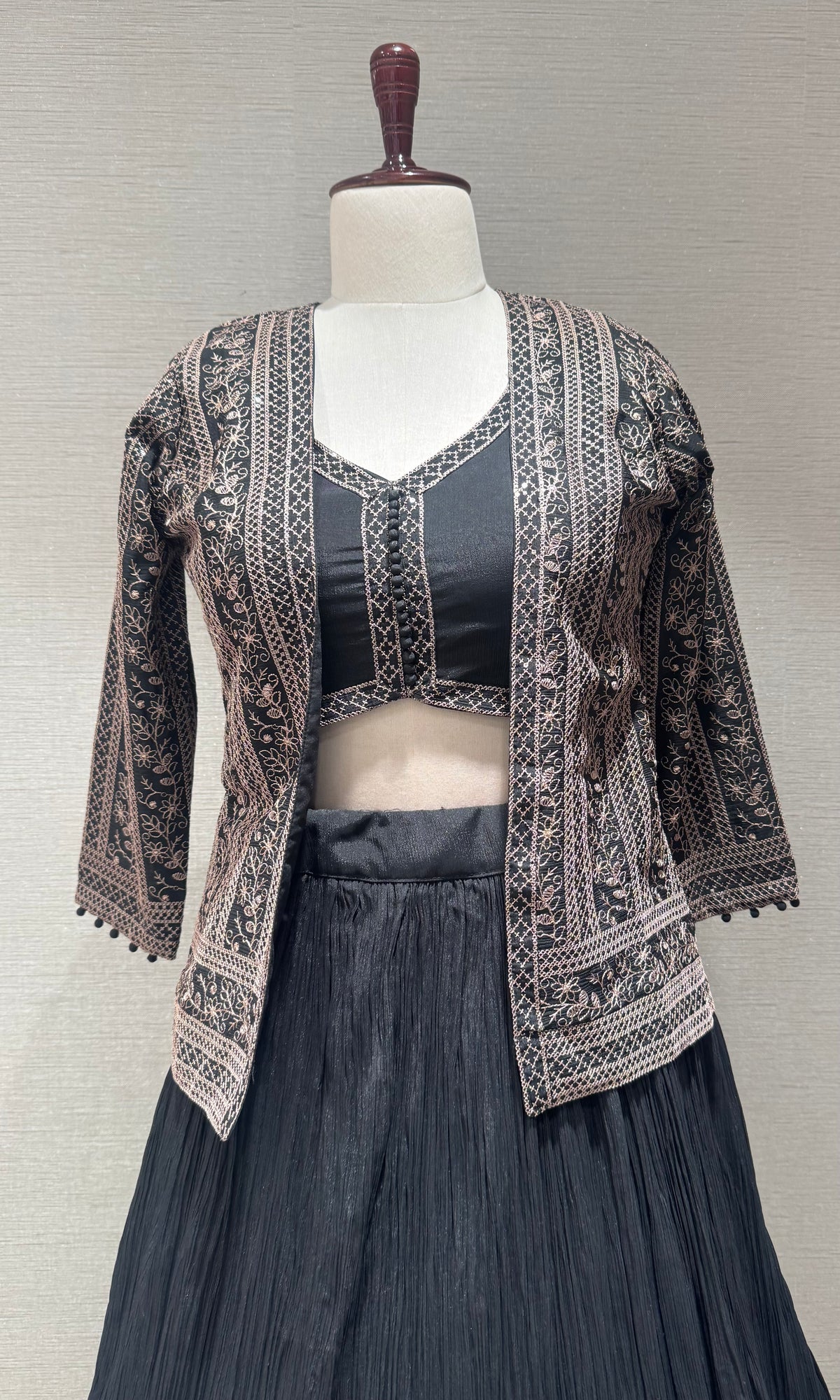 Black Embroidered Crop Top Lehenga Set with Maxi Shrug