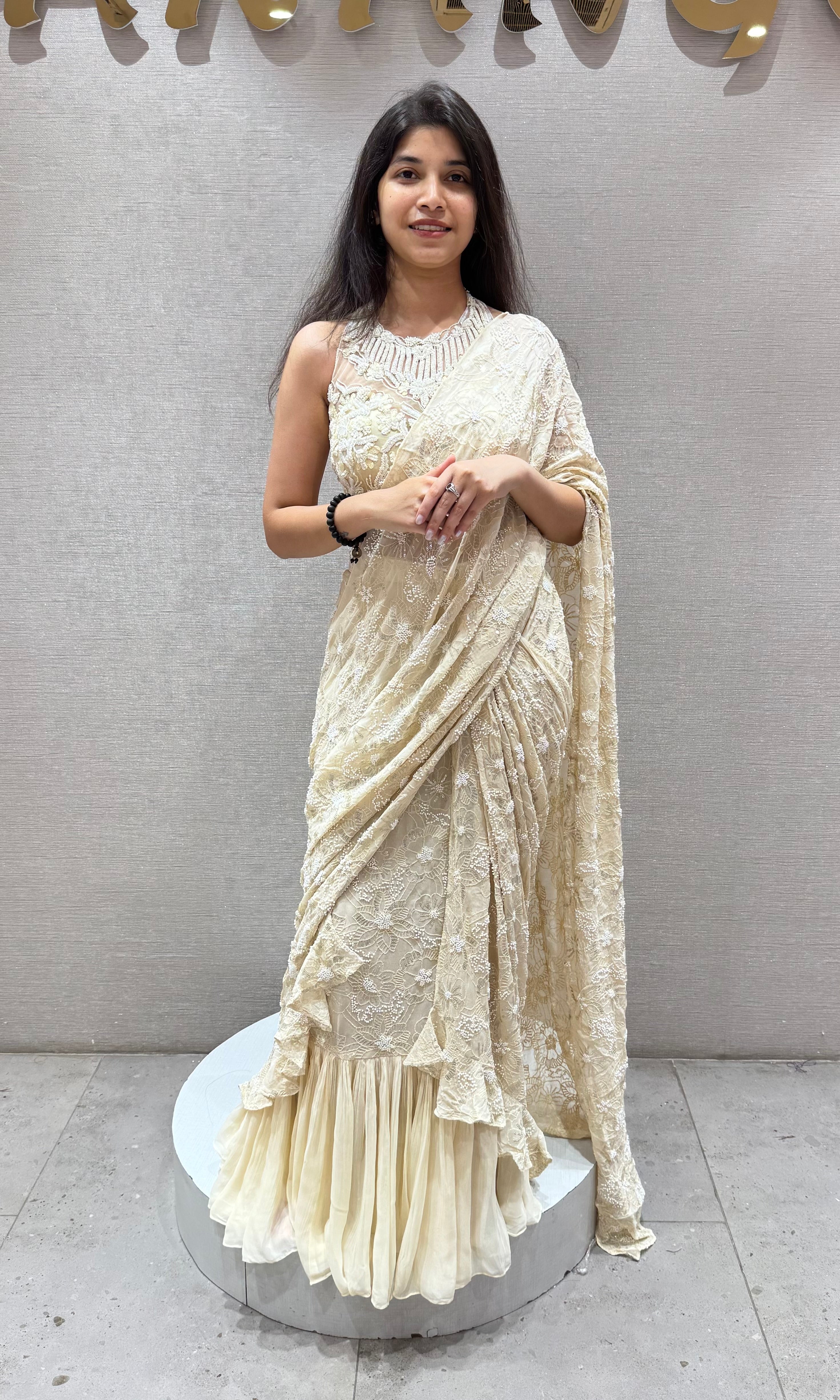 Fawn FLORAL DRAPE SAREE WITH HALTER BLOUSE