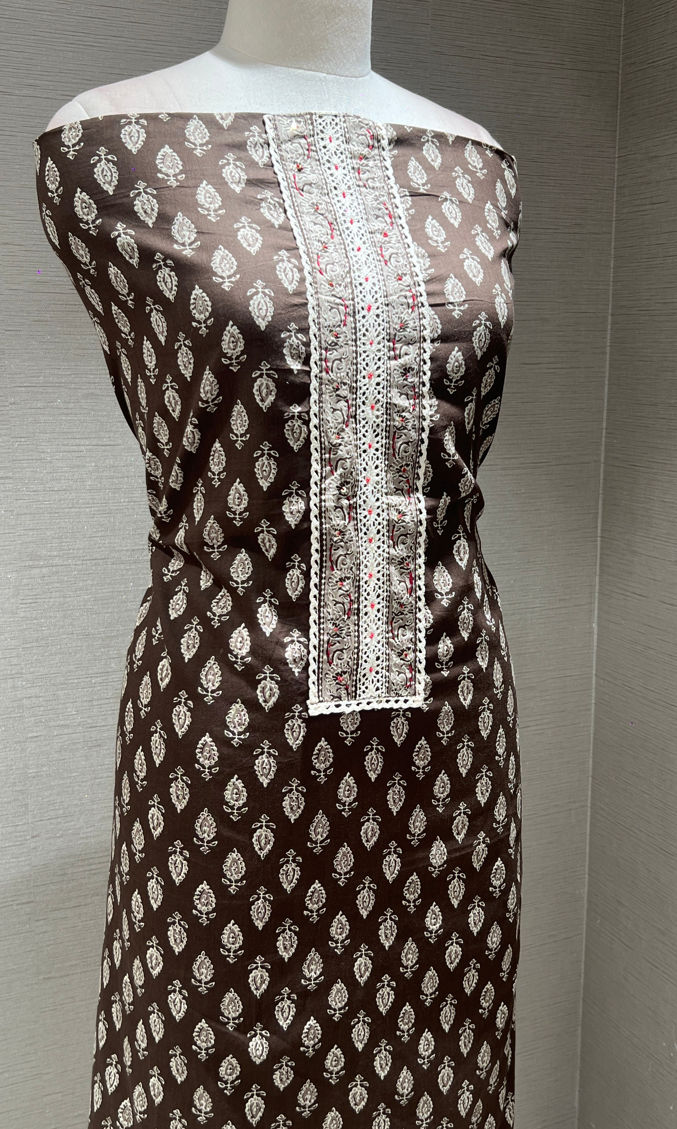 Elegant Brown and White print dress material