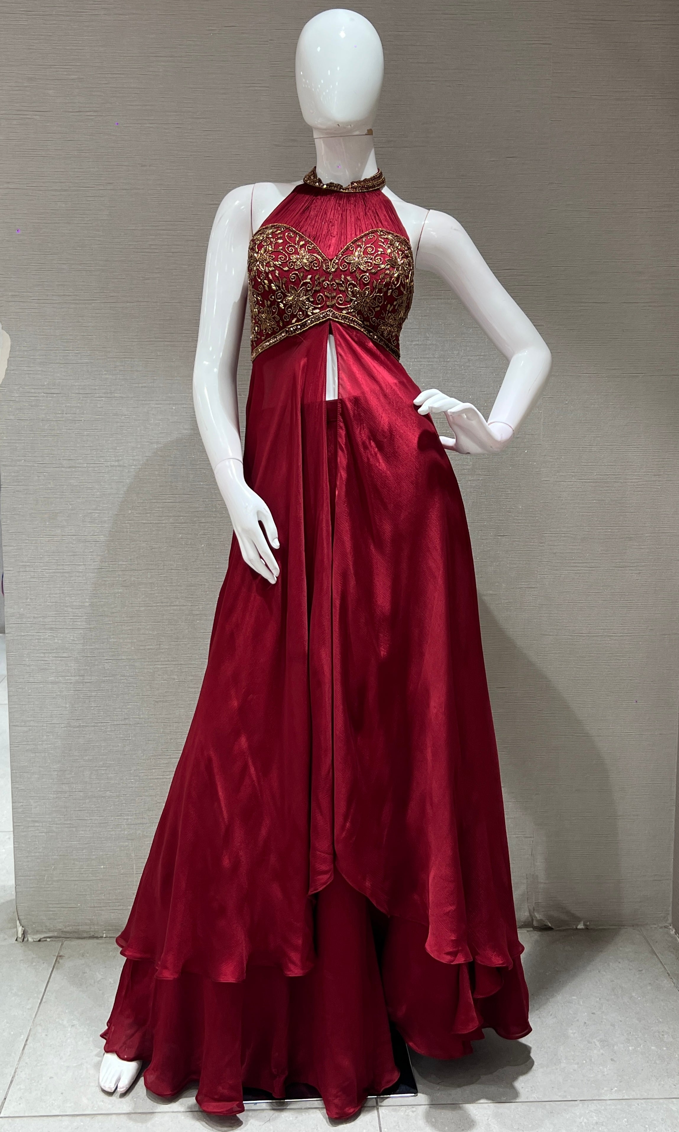 maroon HALTER NECK embroidered PALAZZO SET