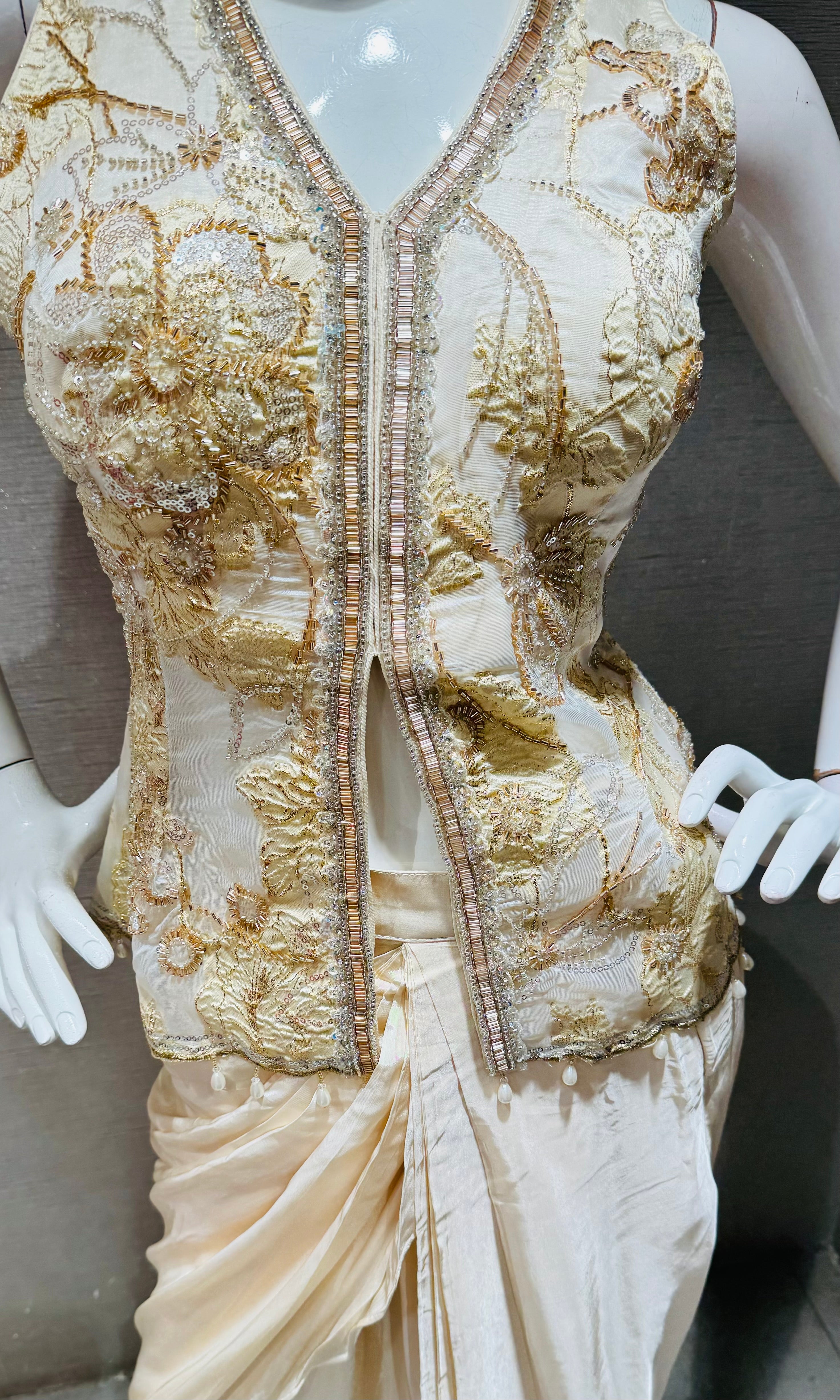 Cream gold embroidered jacket and draped skirt