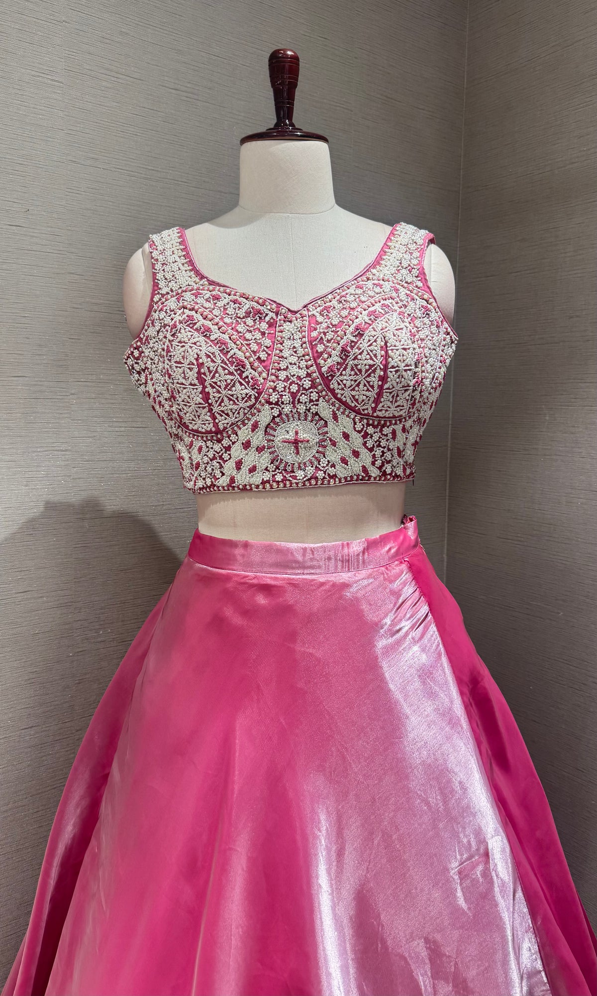 Fuchsia Pink Satin Floral Lehenga set with Sheer Cape Sleeves