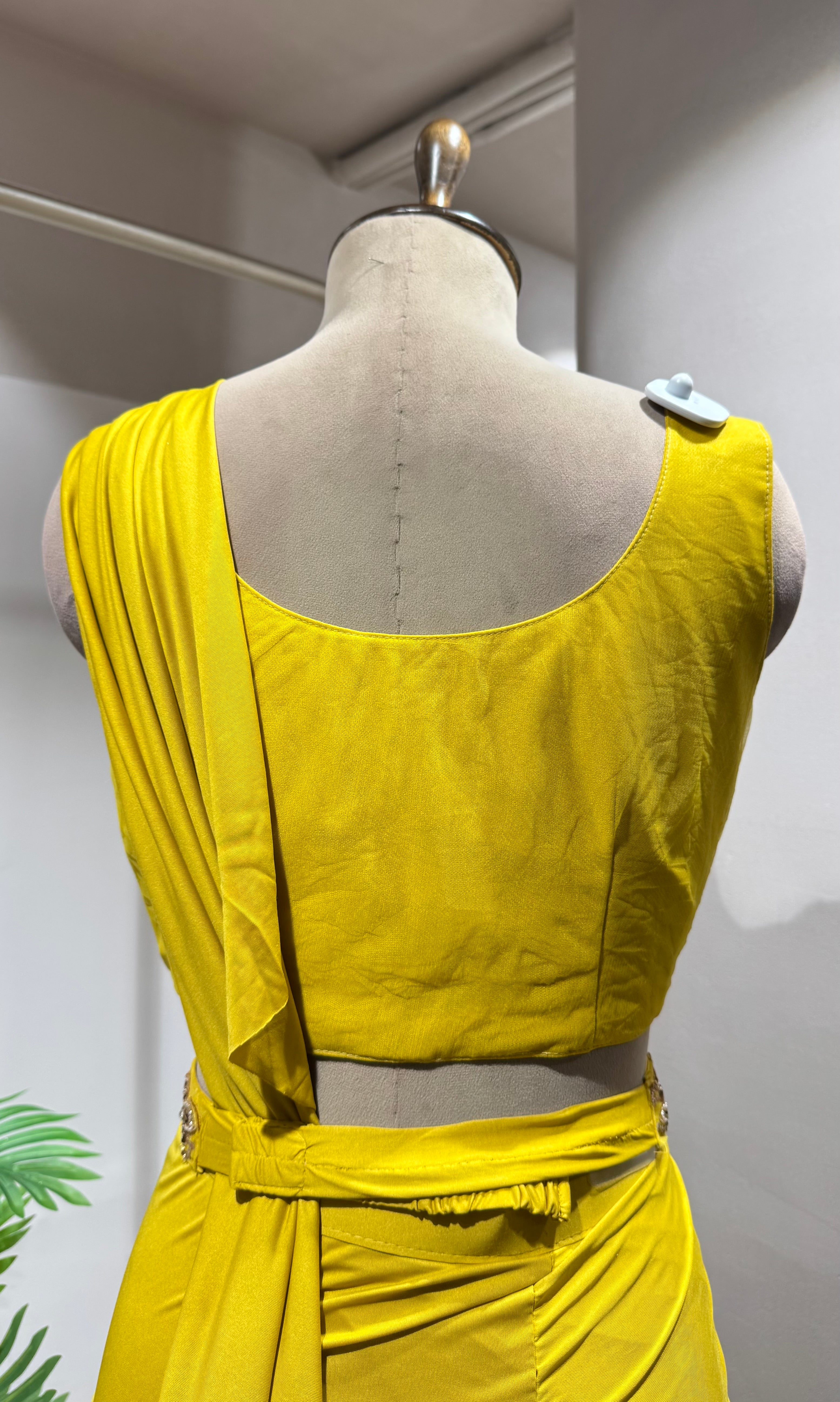 SUNSHINE YELLOW DRAPE SAREE WITH FLORAL BLOUSE