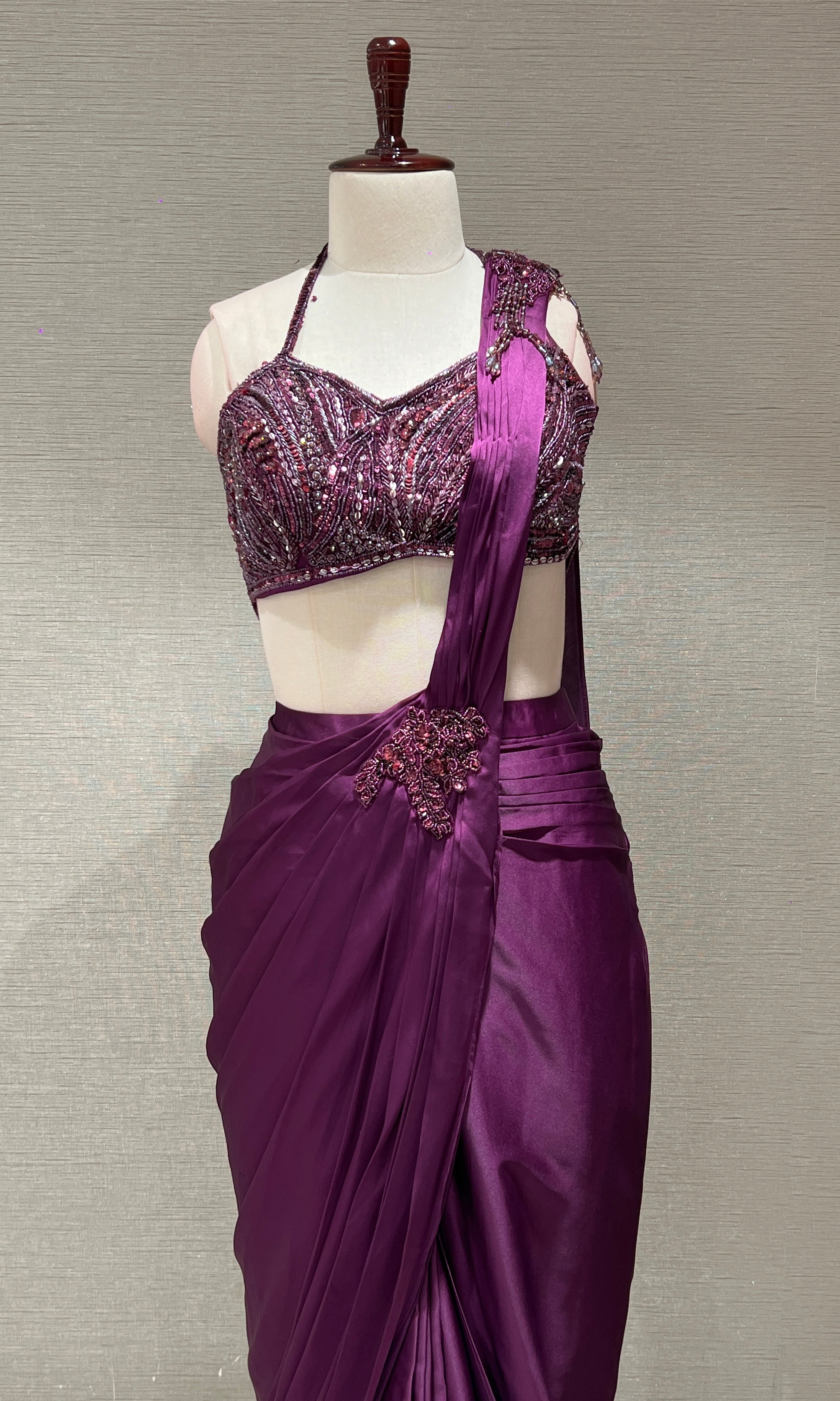 purple drape saree with cape