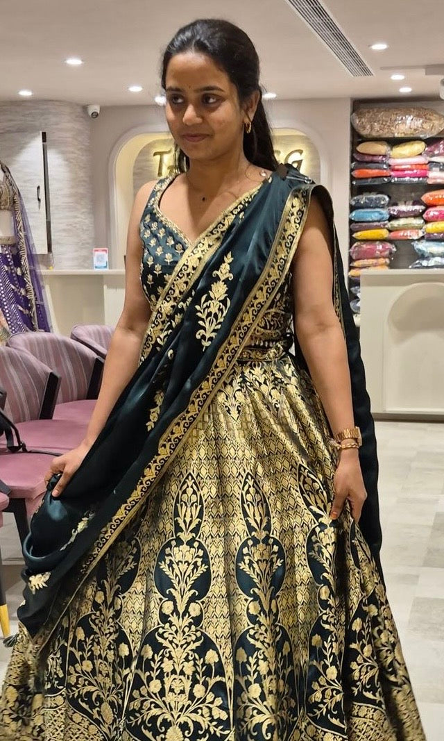 Emerald Green Lehenga with Gold Weaves