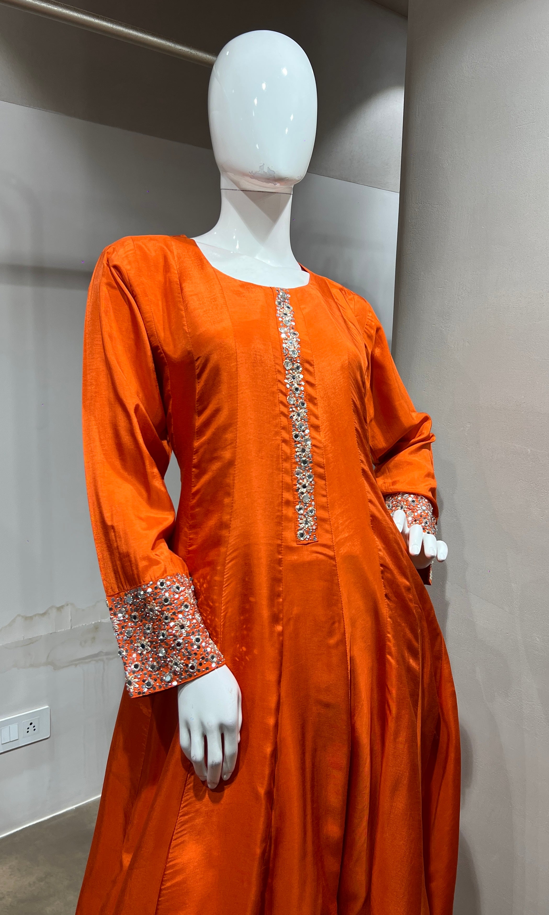 Orange Straight Kurta Set with Mirror Embroidery