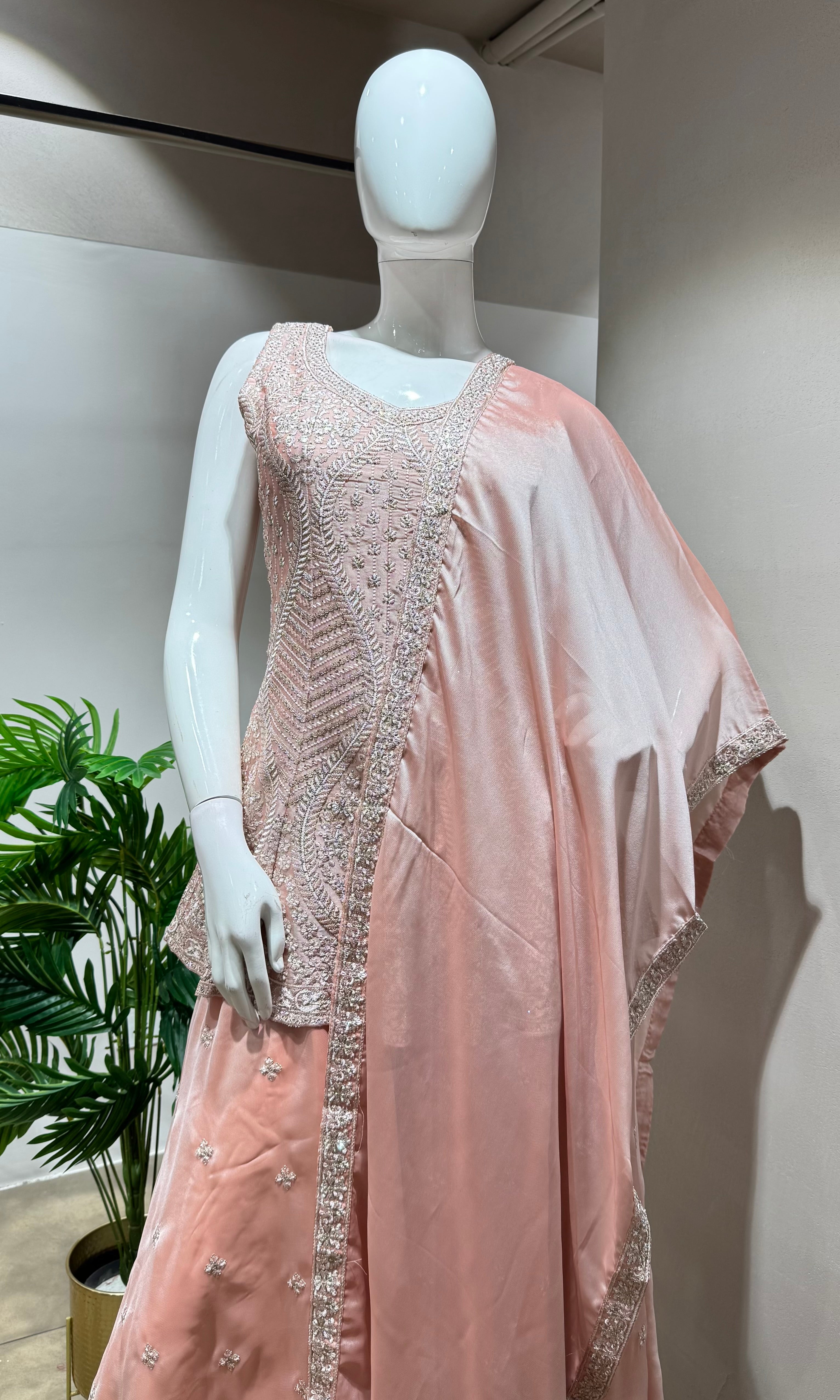 Blush PEACH Silk Embroidery PALAZZO SET