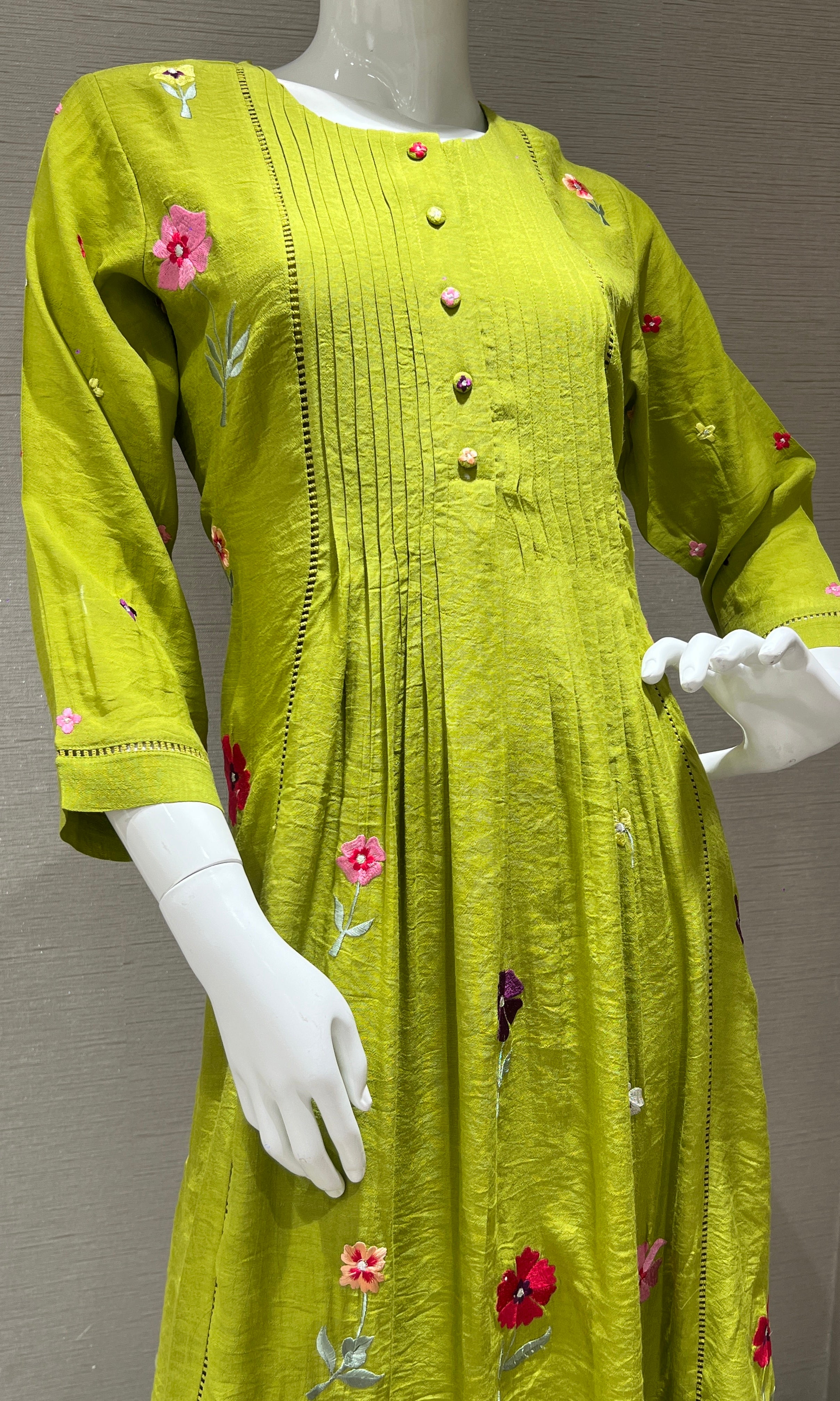 Green Floral embroidery A- Line top