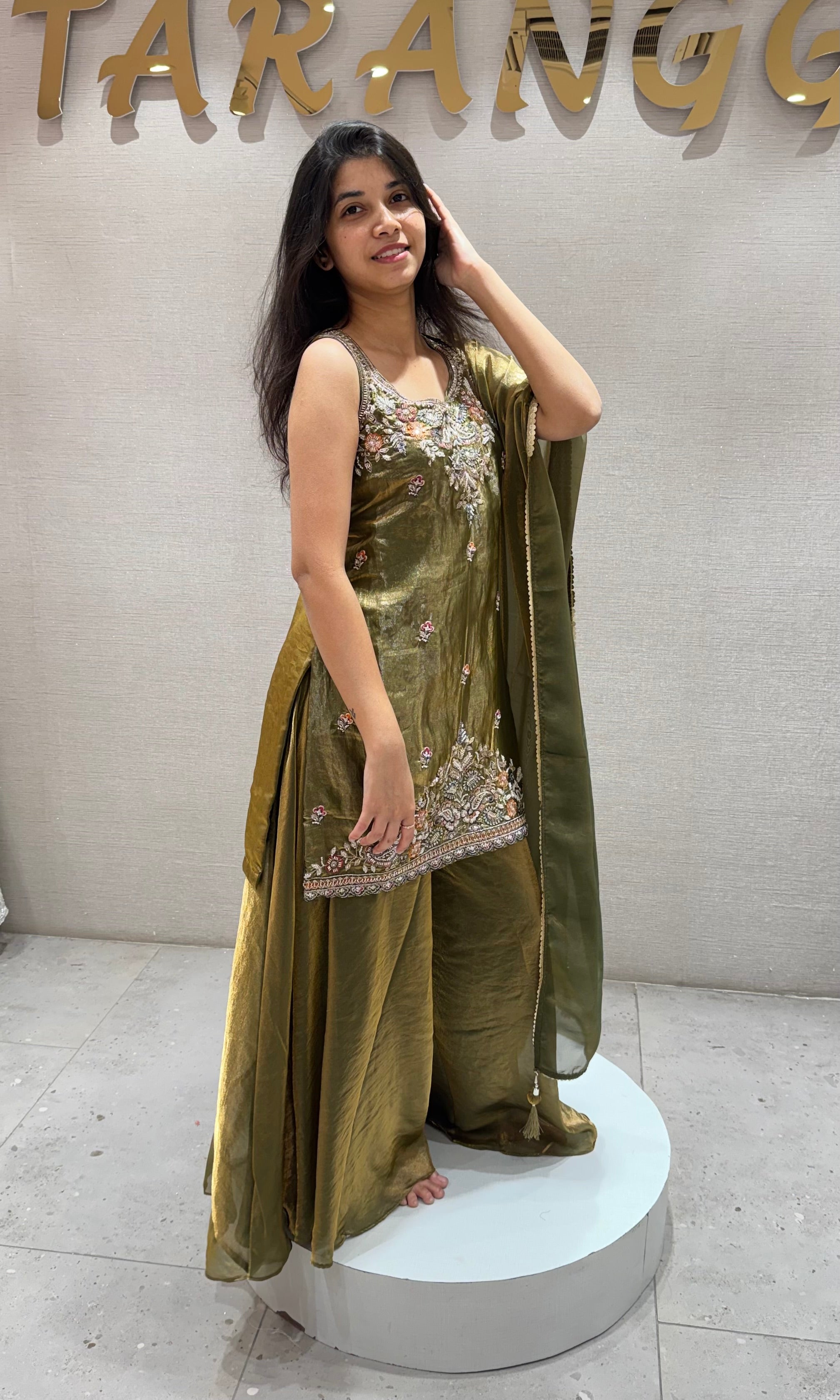 Mehandi green embroidered sharara set