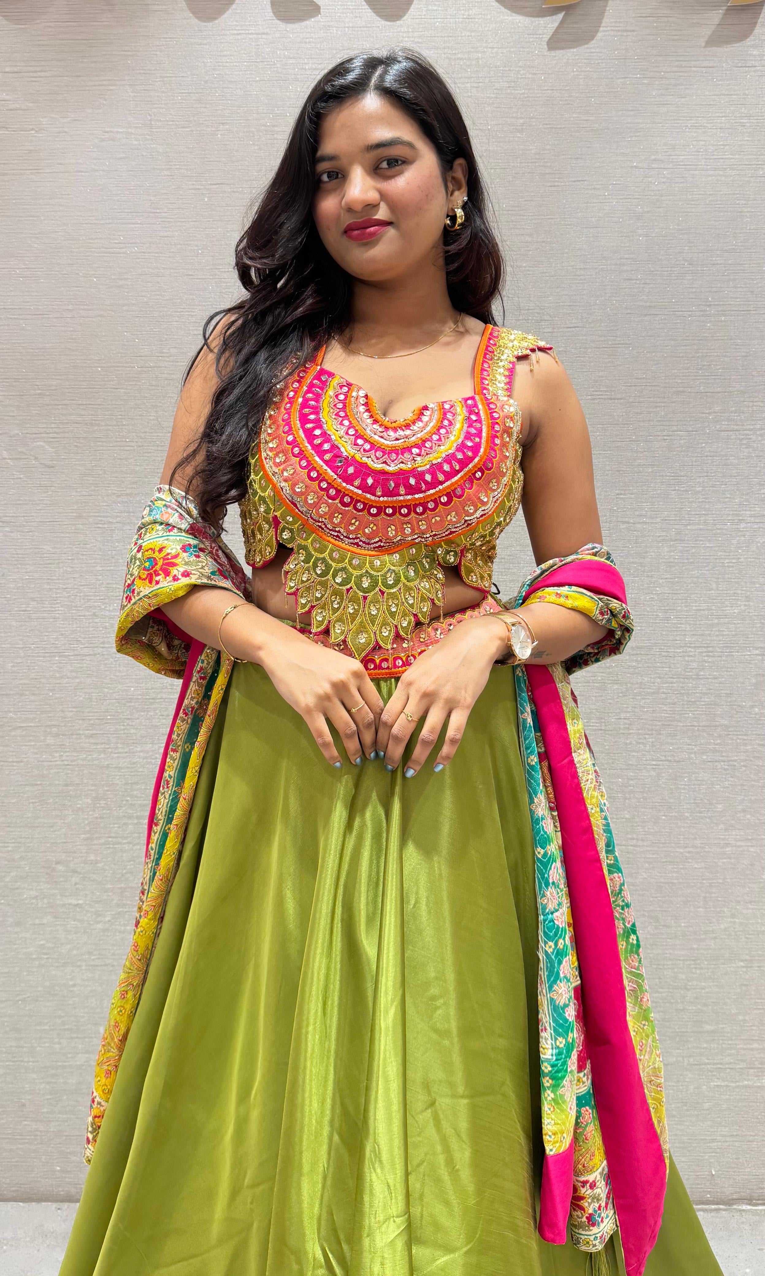 Green Lehenga WITH MULTI COLOUR DUPATTA