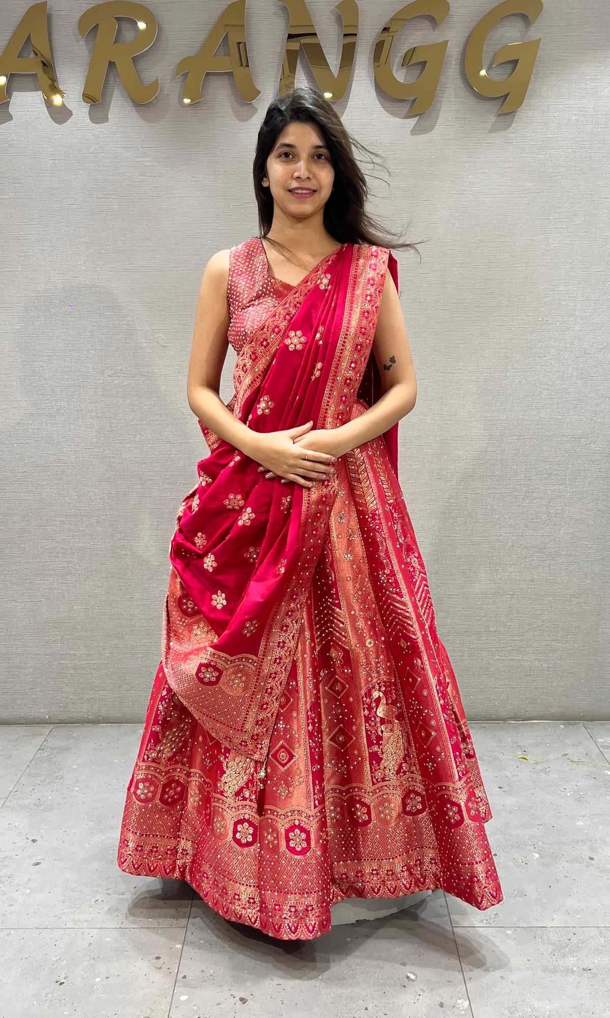 Rani Floral Banarasi Lehenga with Crimson dupatta
