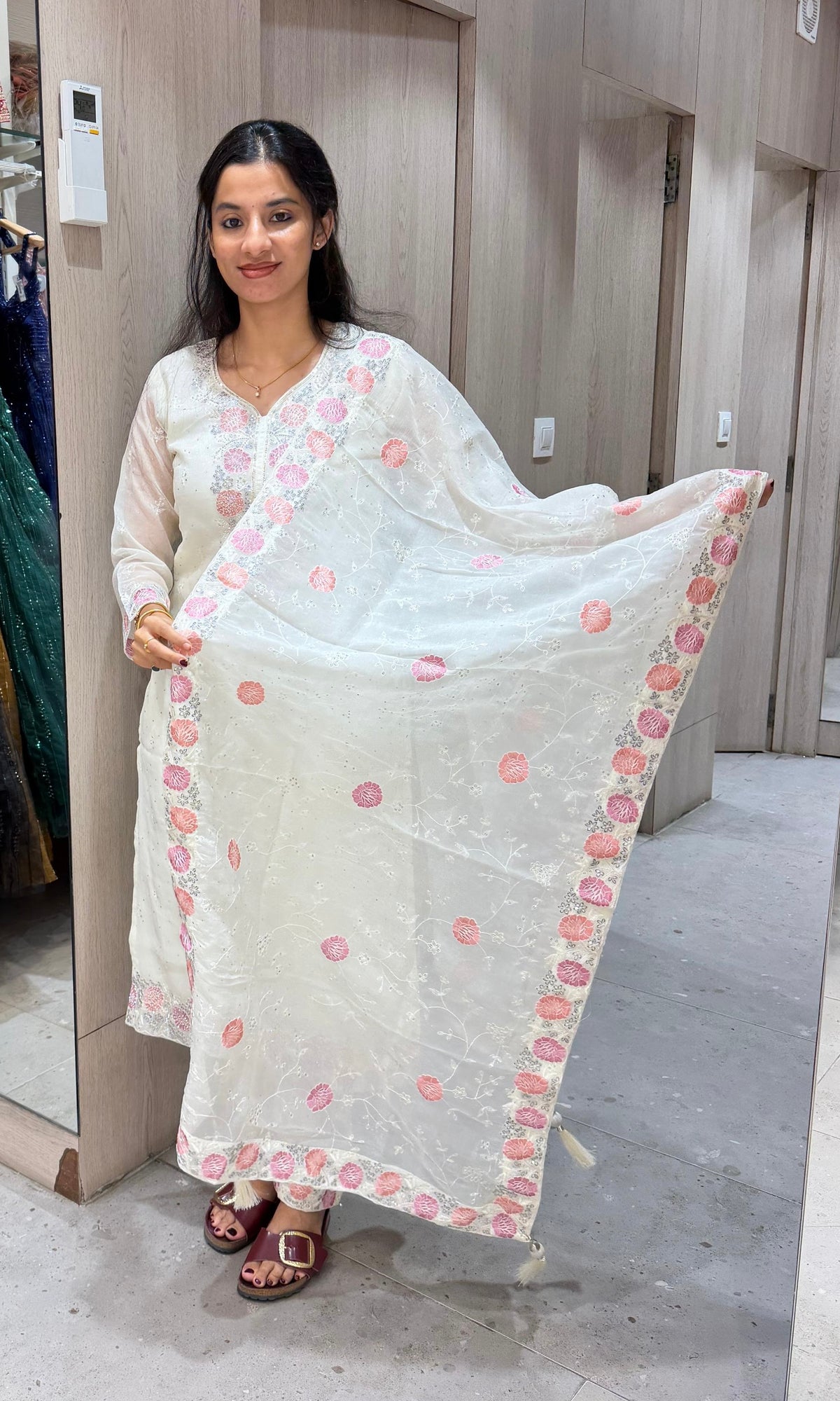 White Floral Cotton Ethnic Kurta set with Dupatta