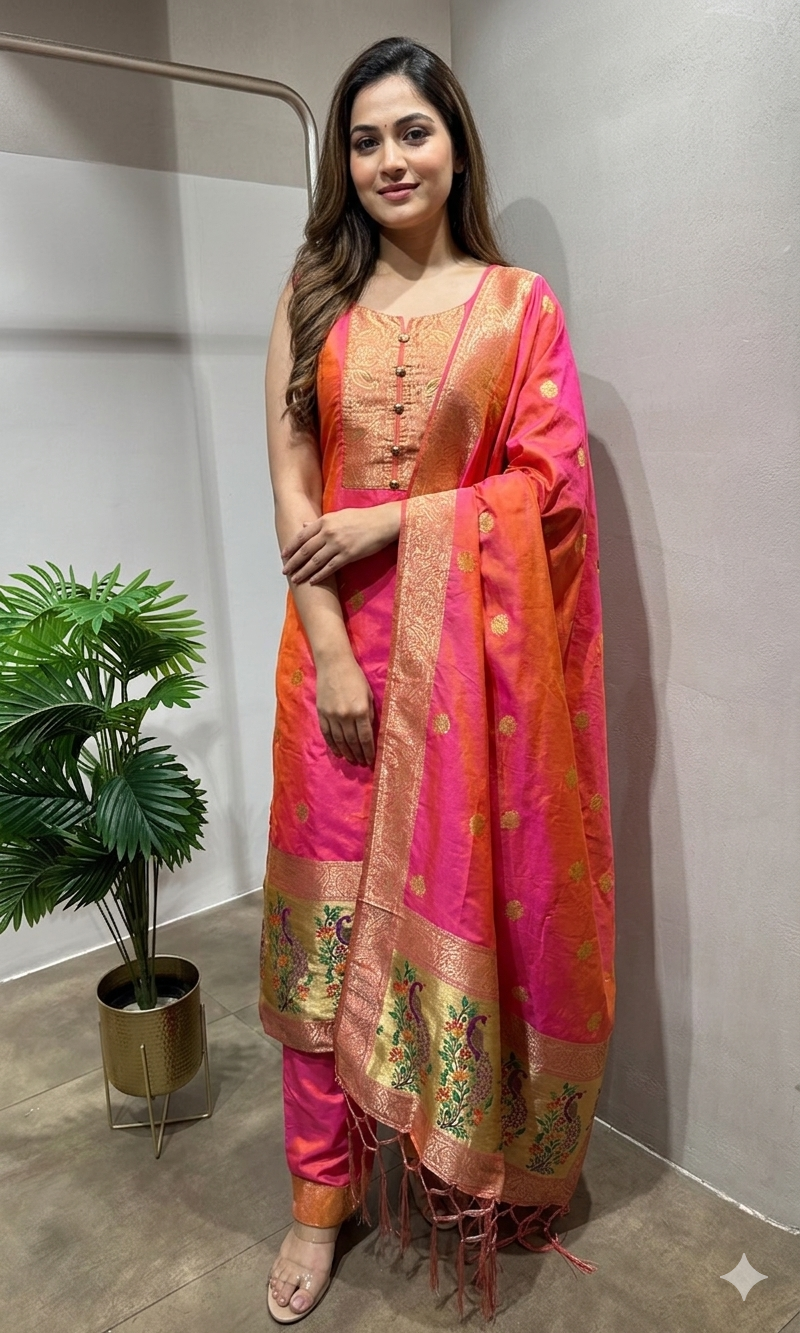 Pink Banarasi Silk Kurta with Paithani Dupatta