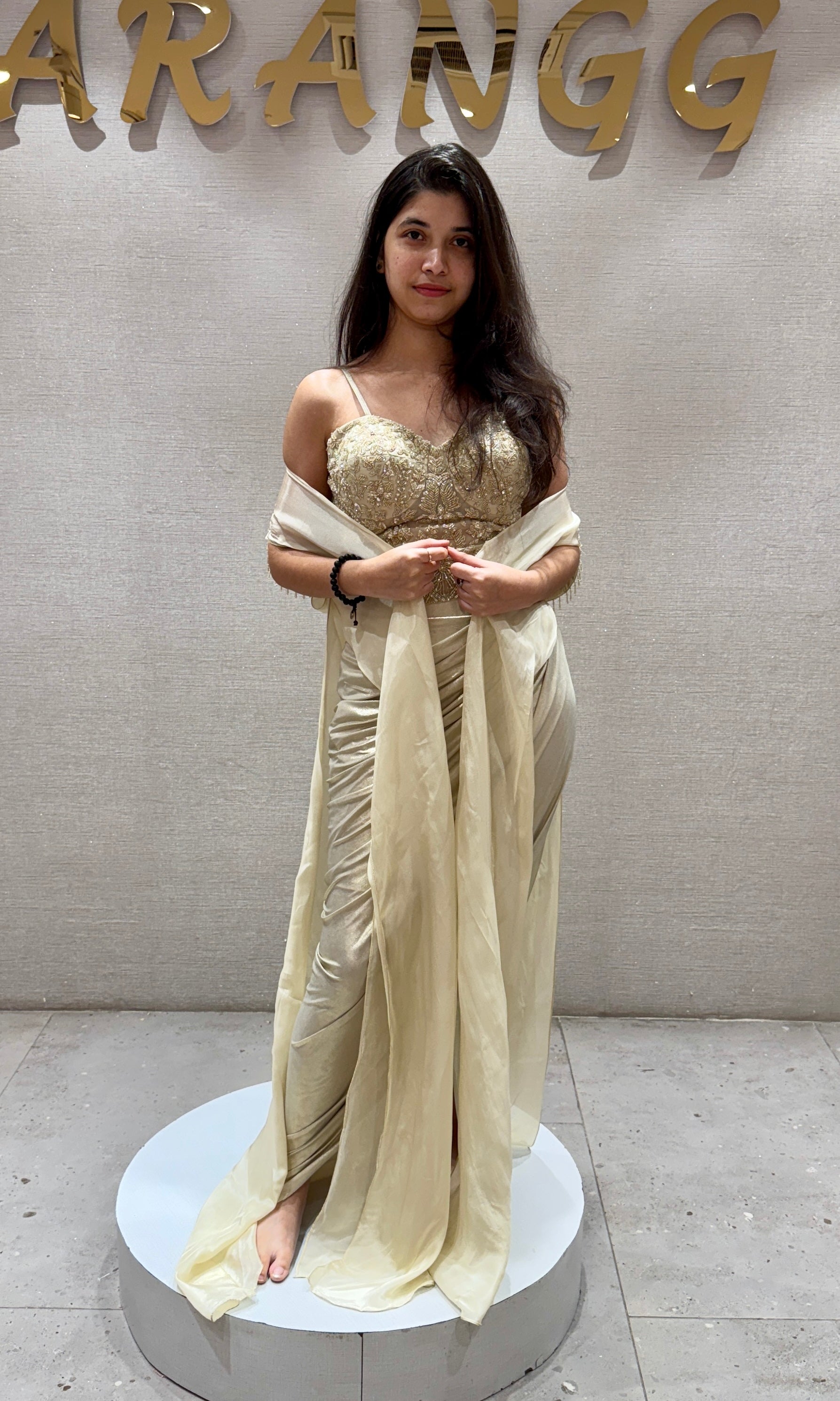 Ivory gold Draped Skirt Set with cape