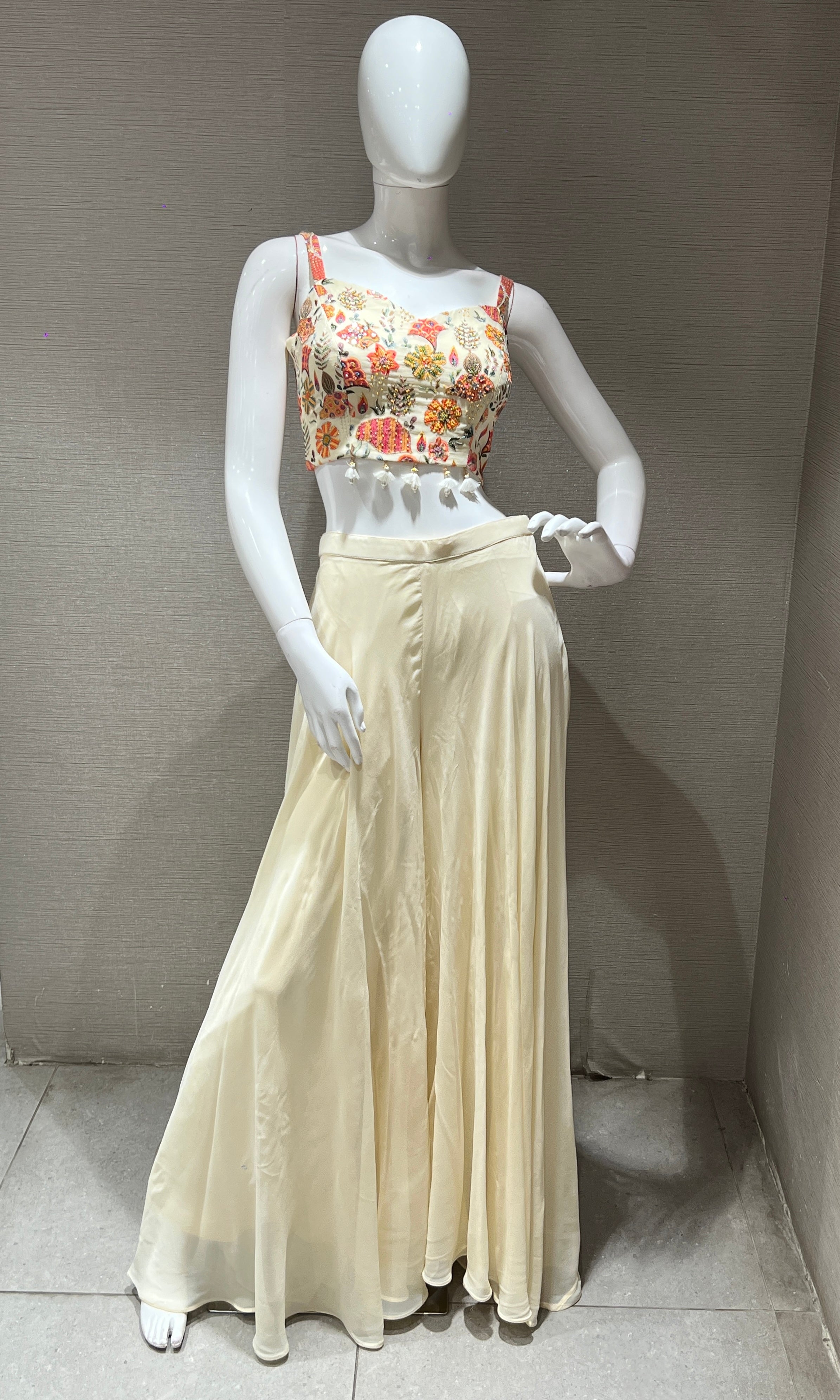 Ivory Floral Crop Top with Jacket and Palazzo