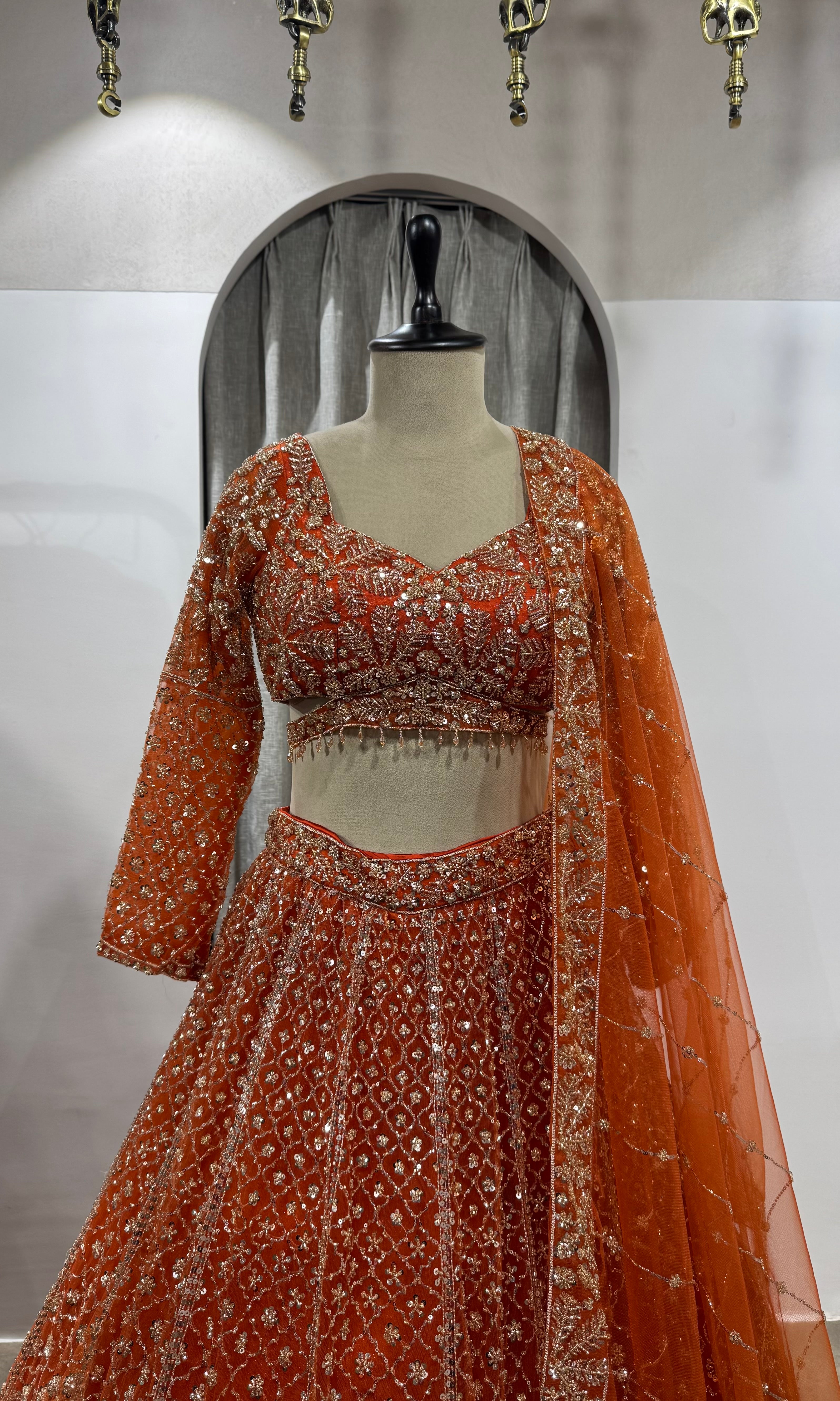 Rust Orange Heavy Embroidered Bridal Lehenga
