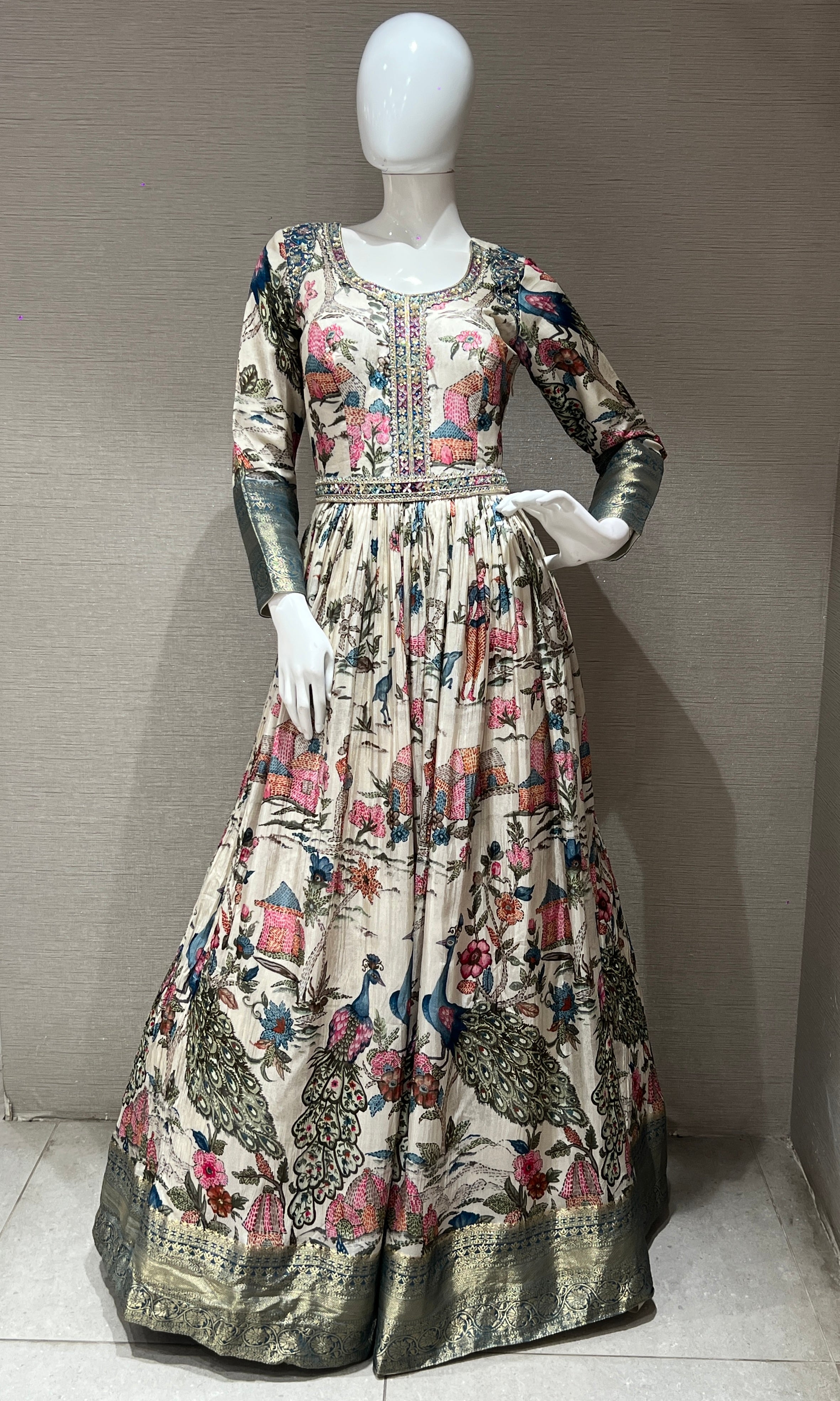 Cream long floral print Anarkali