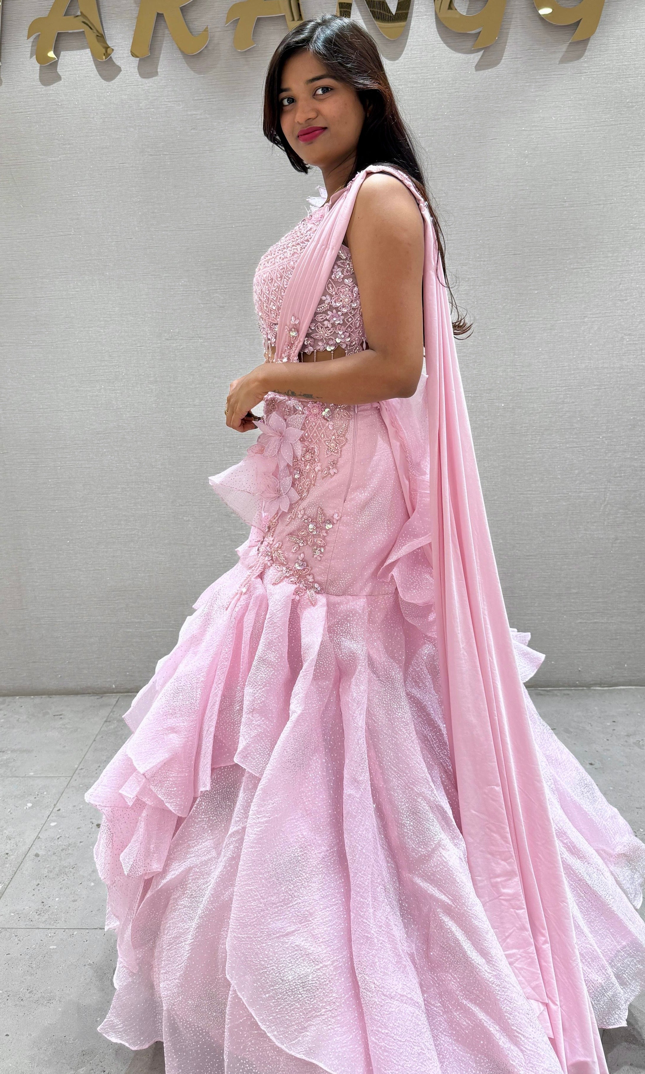 Blush Pink Floral ruffle drape saree