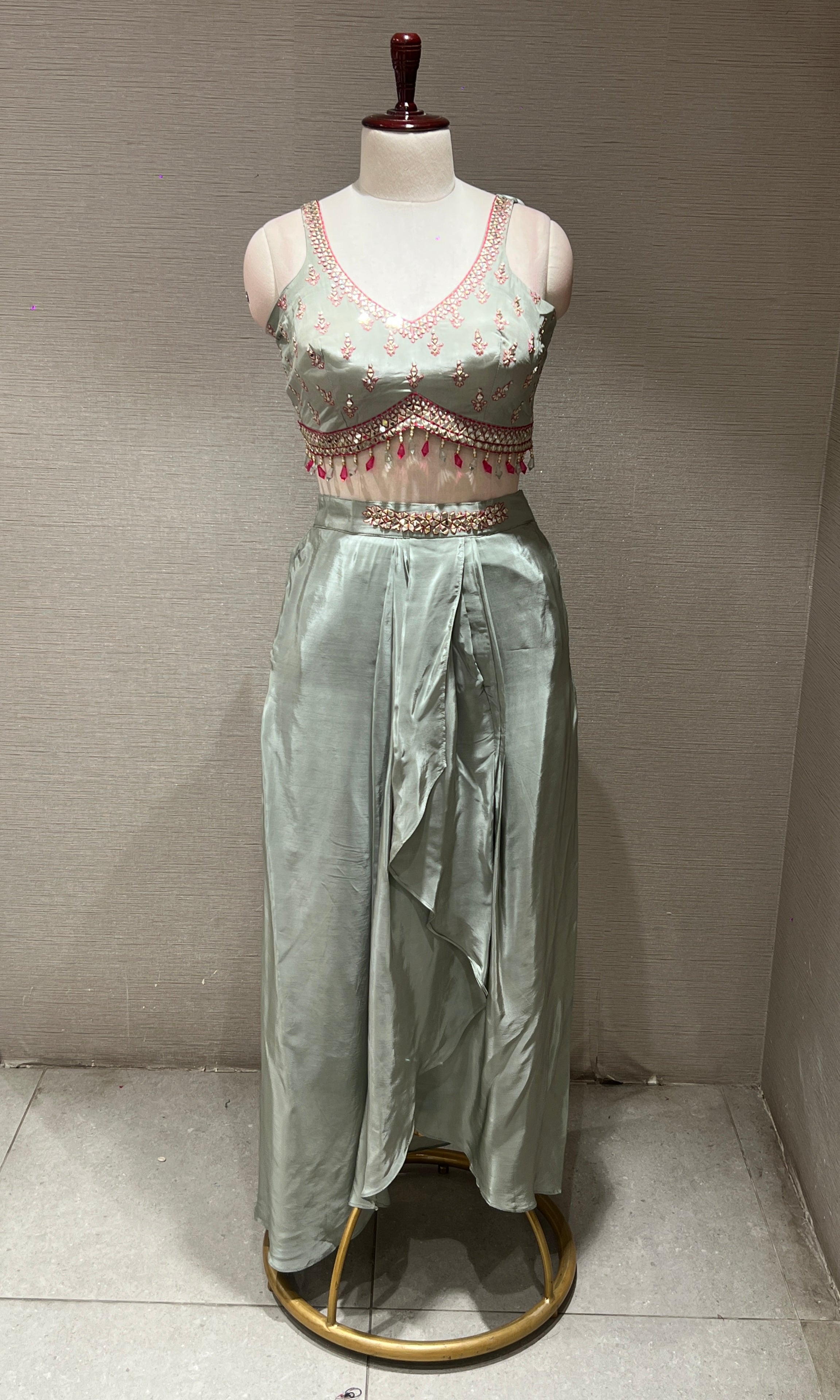 Pista Green BLOUSE and Dhoti Skirt with Shrug