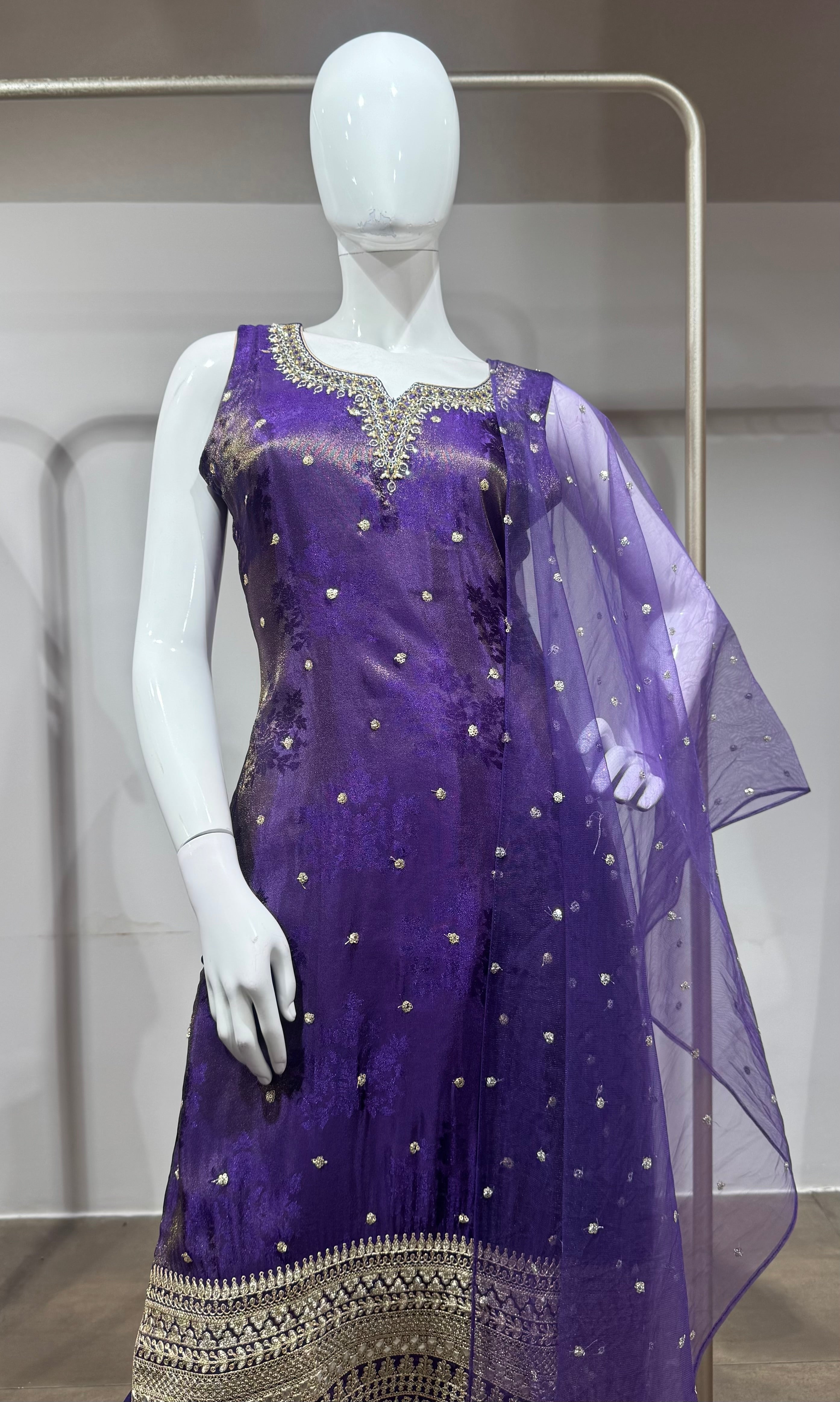 purple and gold embroidered kurta set