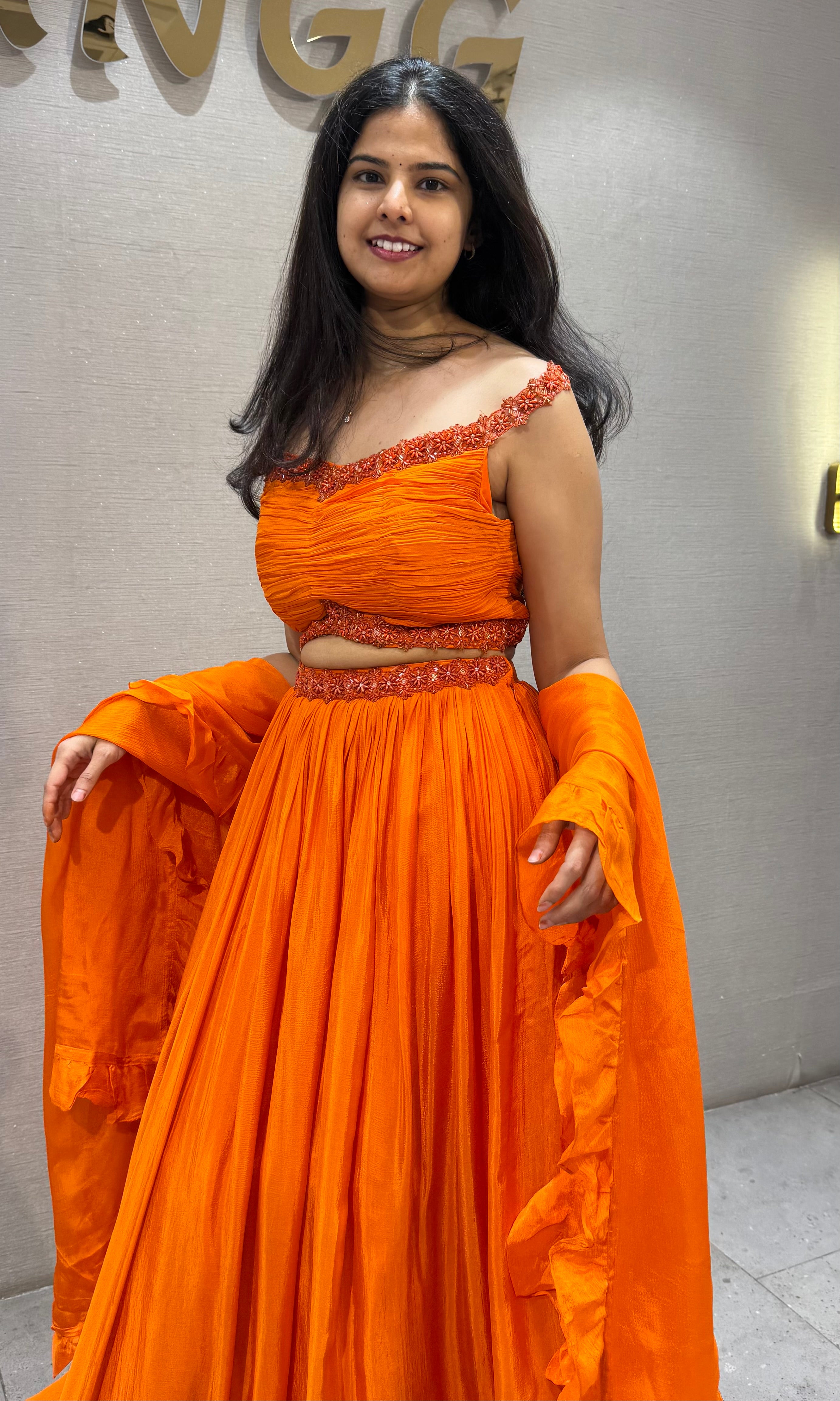 Orange cotton Embellished Crop Top Lehenga