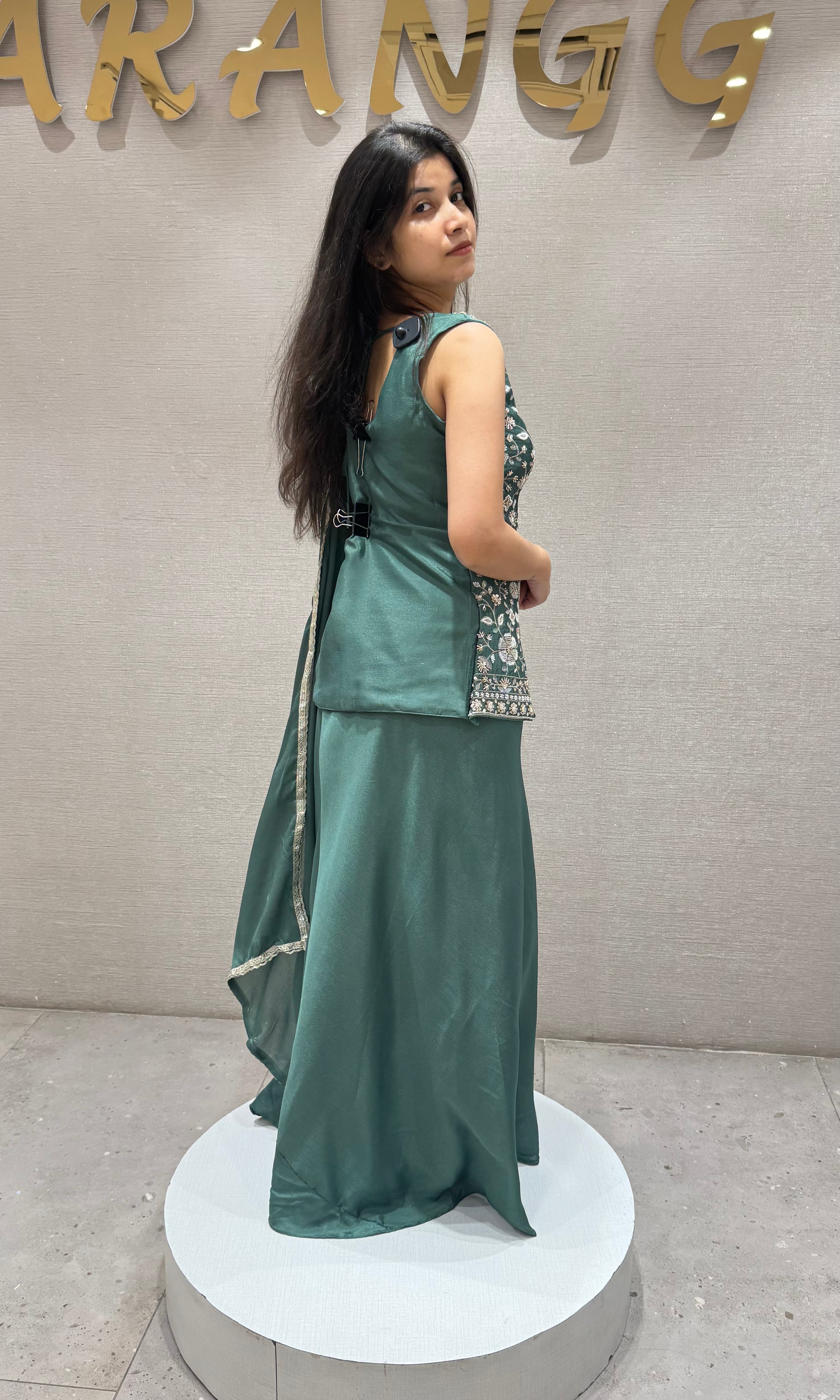 Green Peplum Sharara Set with Floral Embroidery