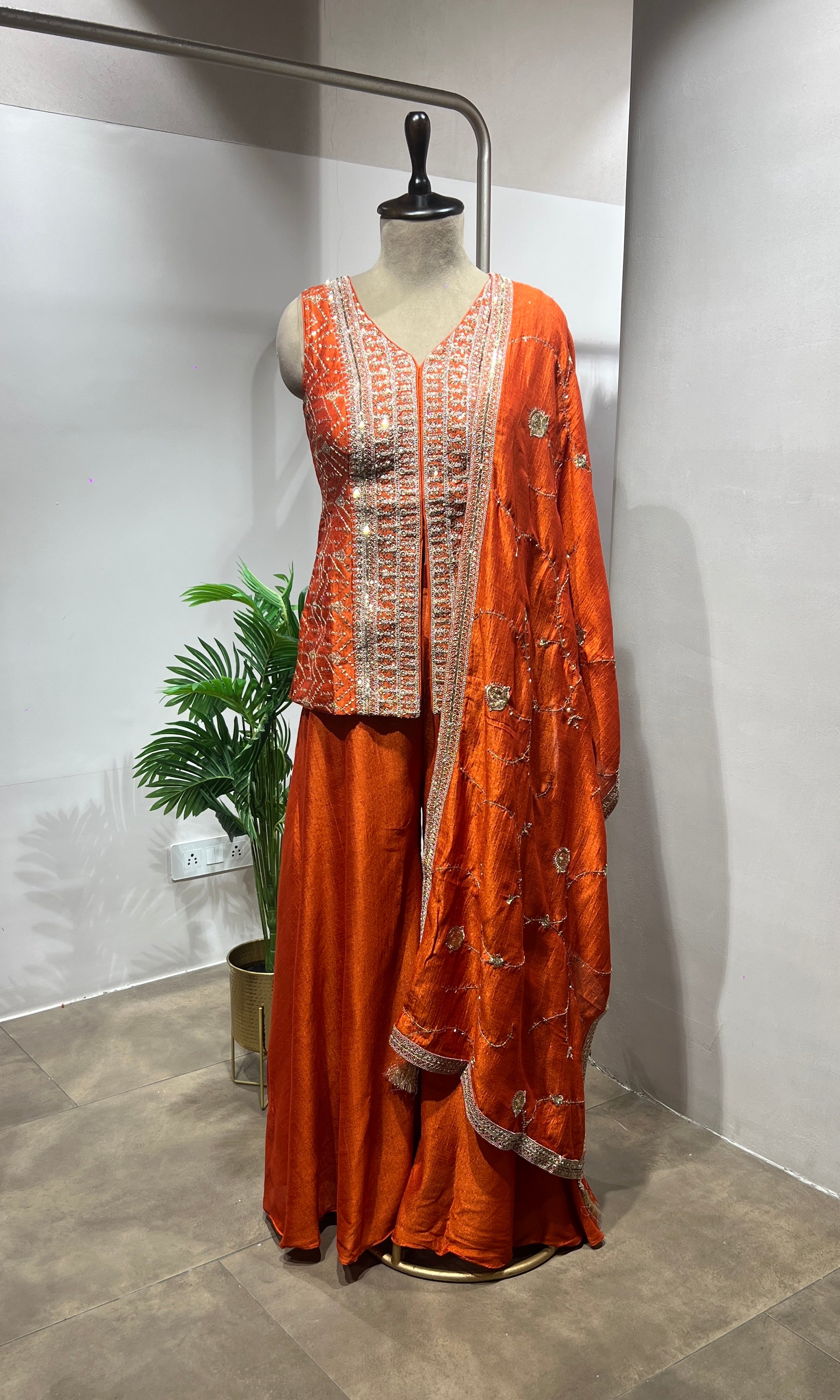 Rust Crepe Embroidered Silk Palazzo Suit