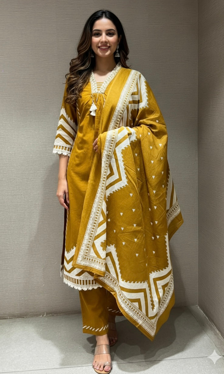 mustard yellow ethnic white lace kurta set