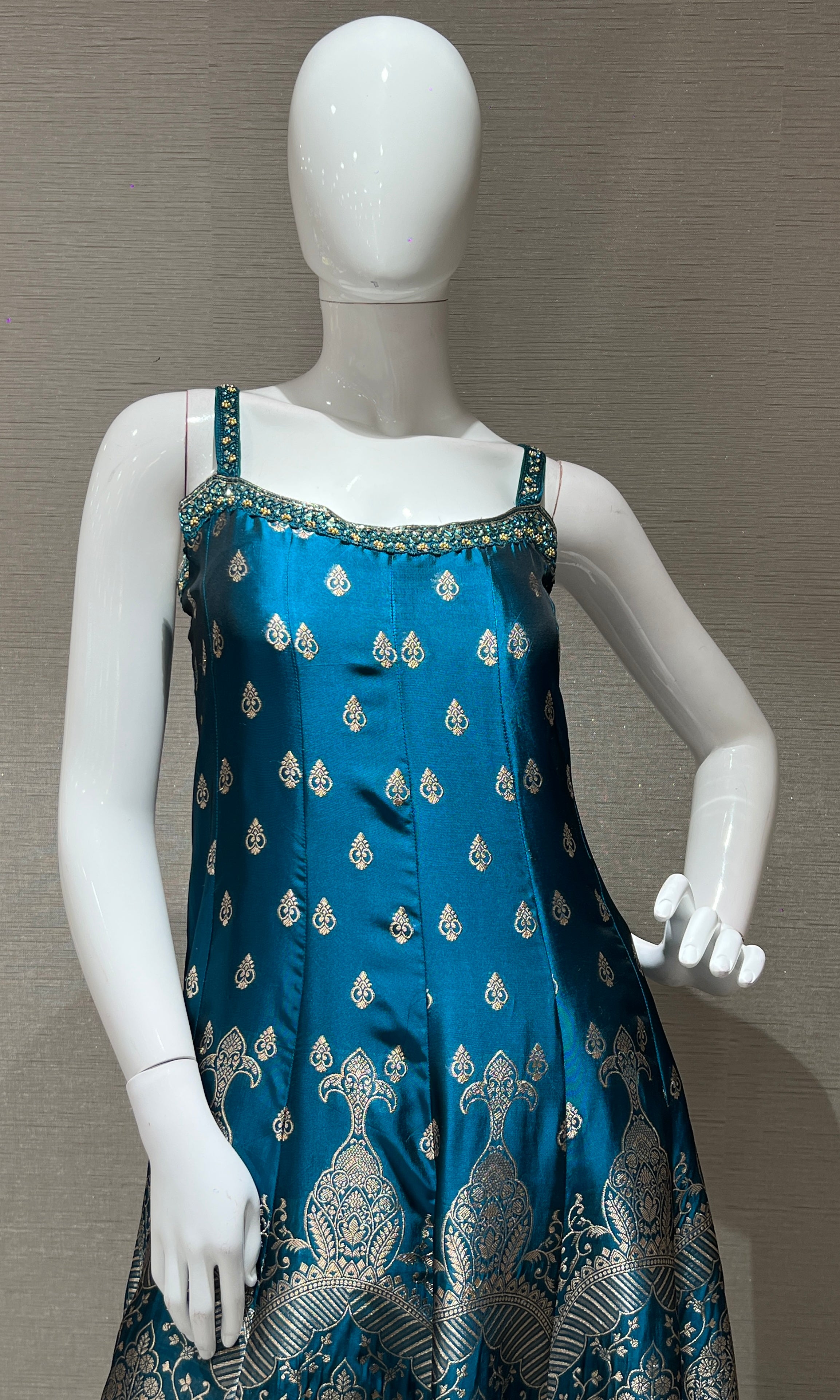 Rama Blue Anarkali with Gold Print embroidery