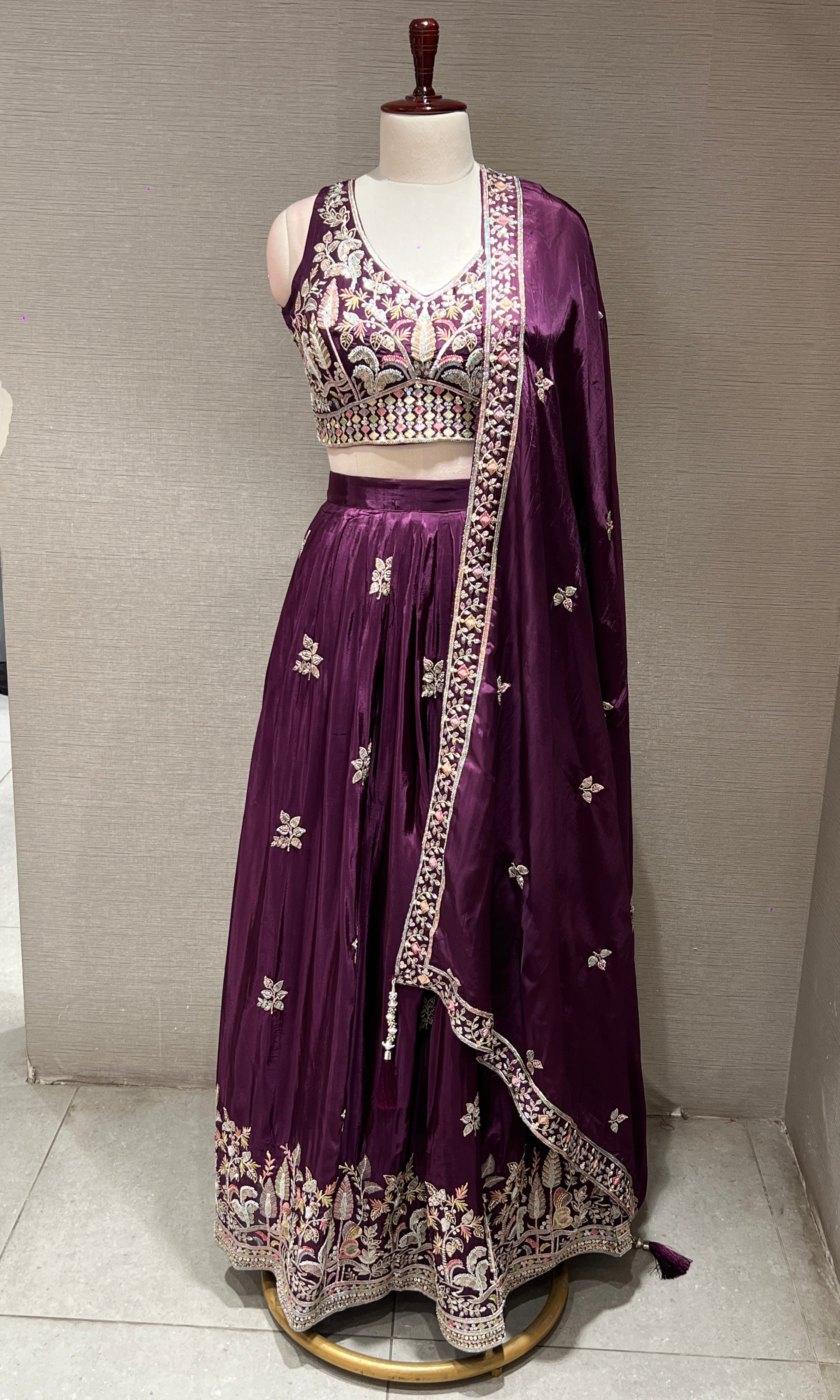 Royal Wine Floral Embroidered Lehenga