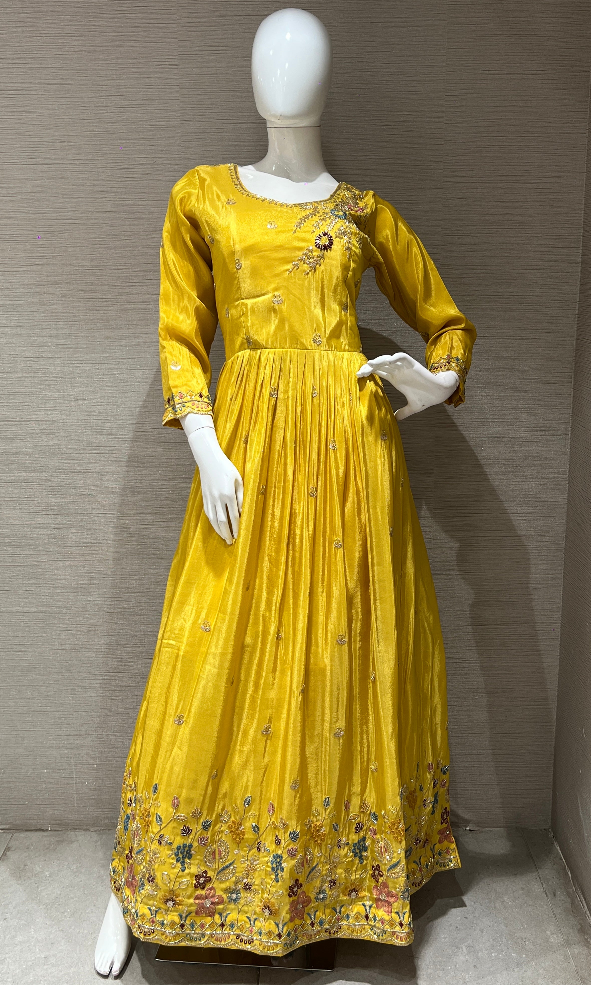 yellow long anarkali with stones embroidered