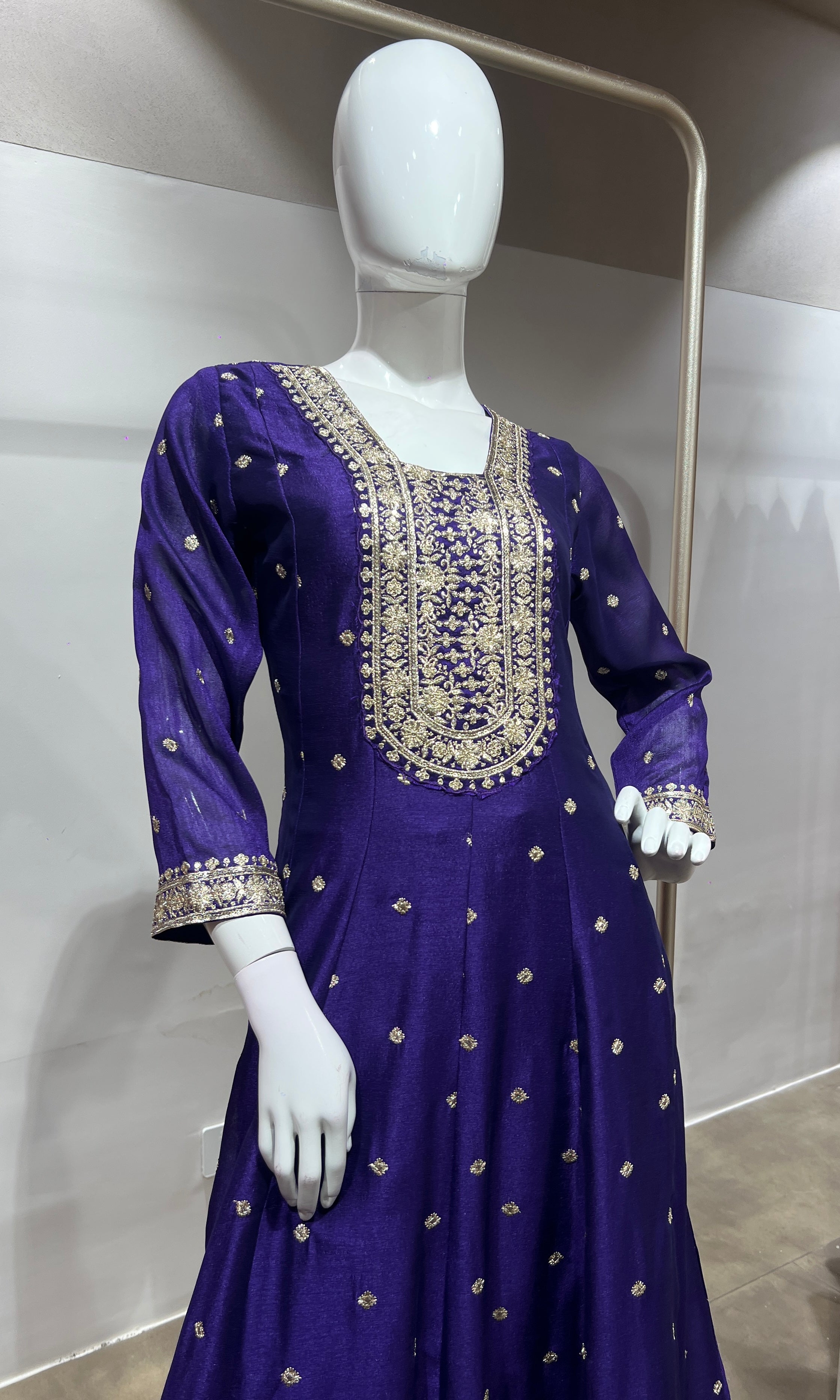 Purple gold embroidered anarkali set