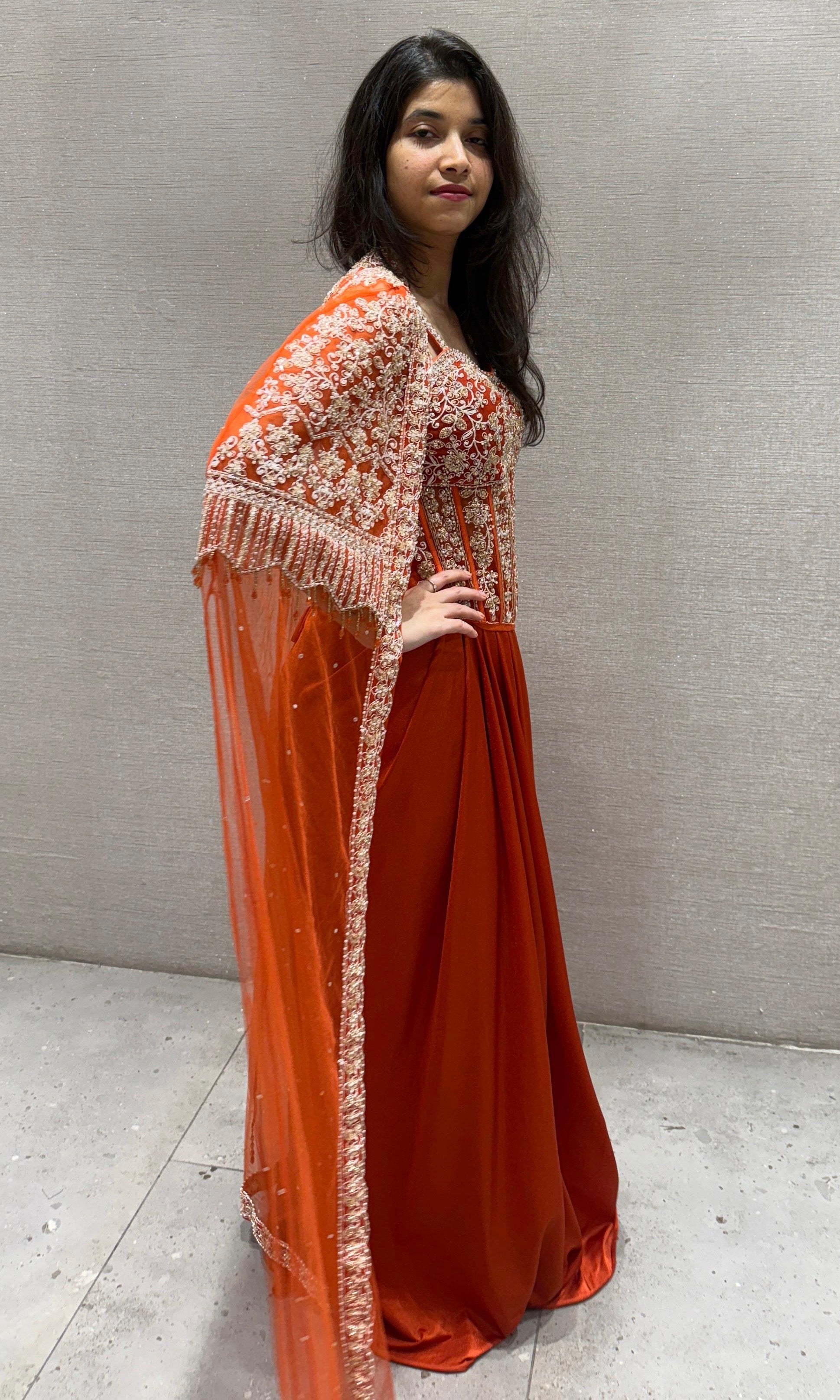 ORANGE 3 PIECE INDO WESTERN DRESS WITH SHRUG
