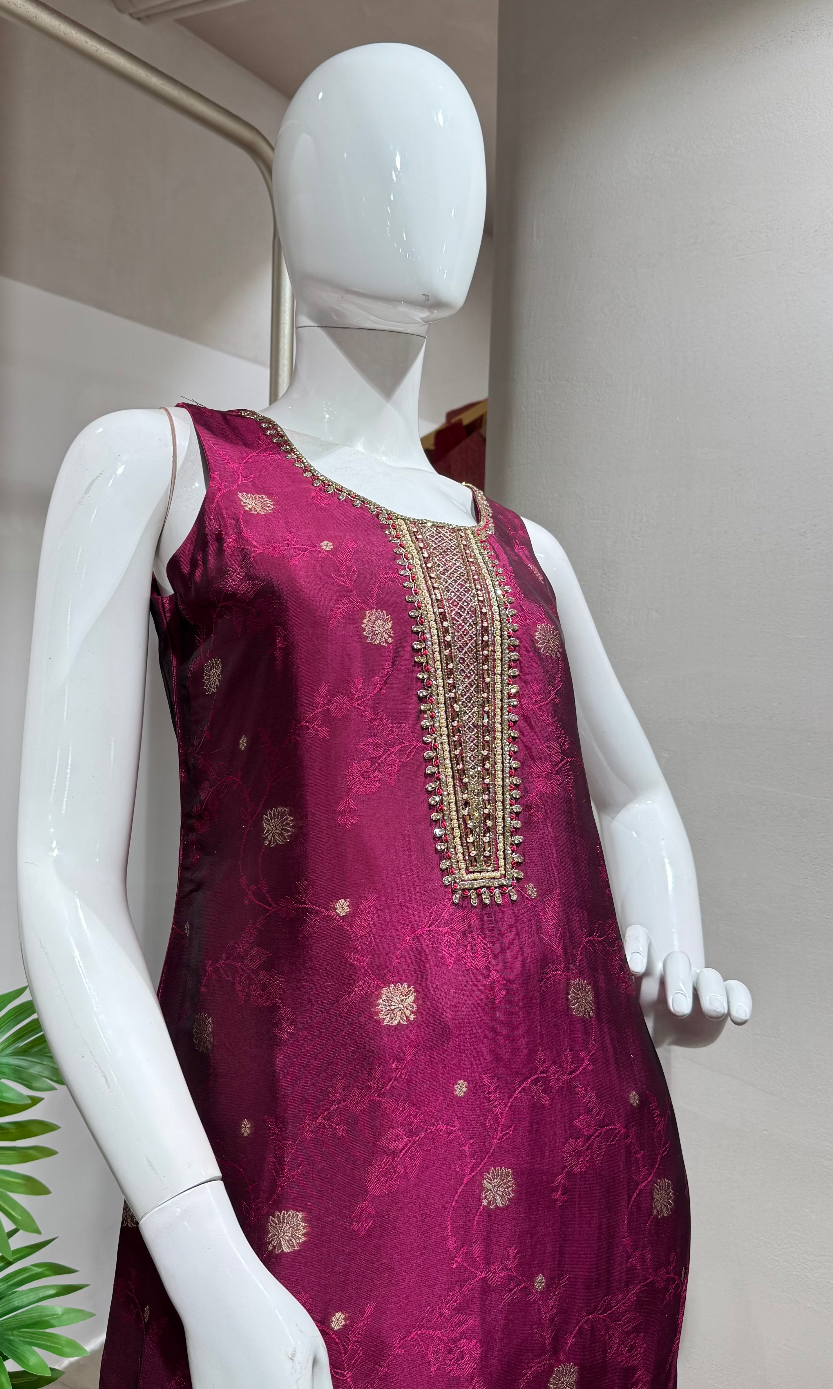 Wine Silk Embroidered kurta Set