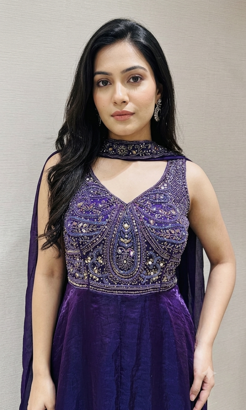 Purple embroidered front slit anarkali with palazzo Pants