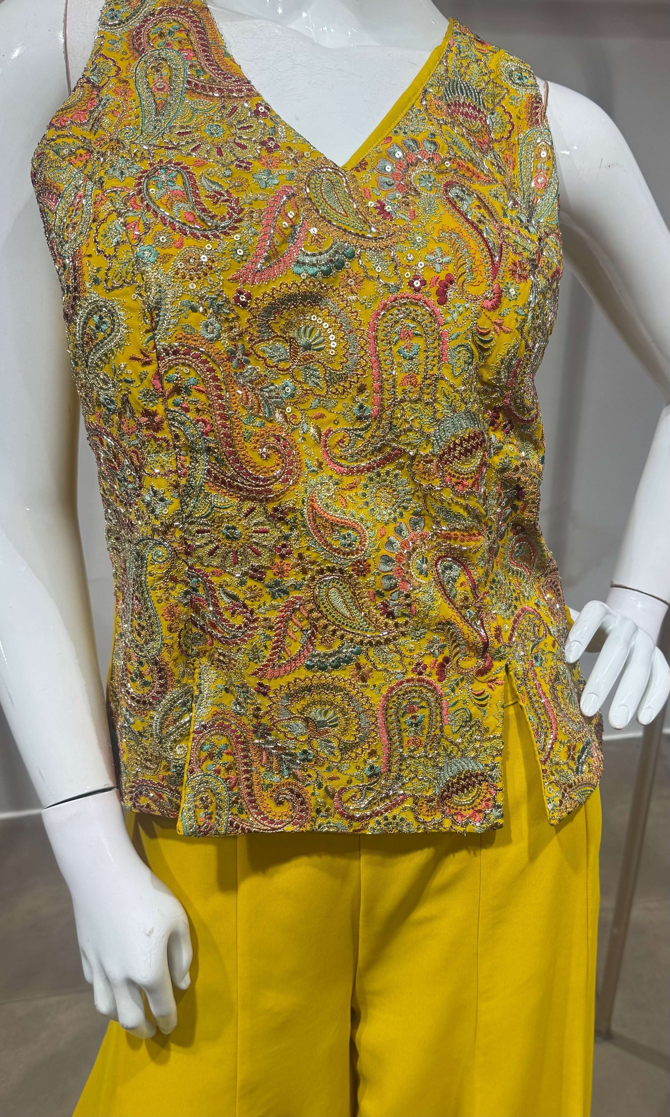 Yellow Embroidered Peplum Palazzo Set