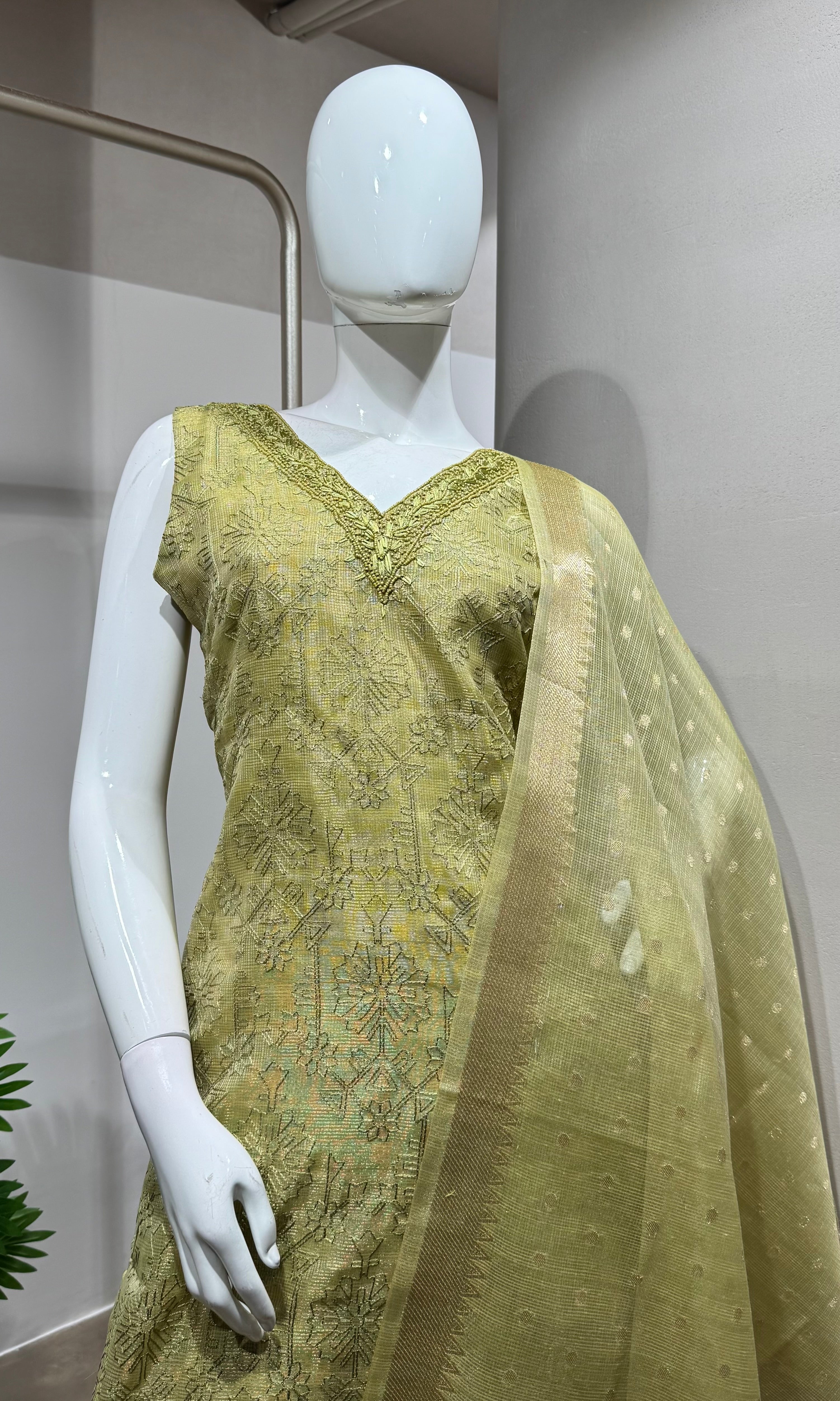 mehandi green embroidered tissue kurta set