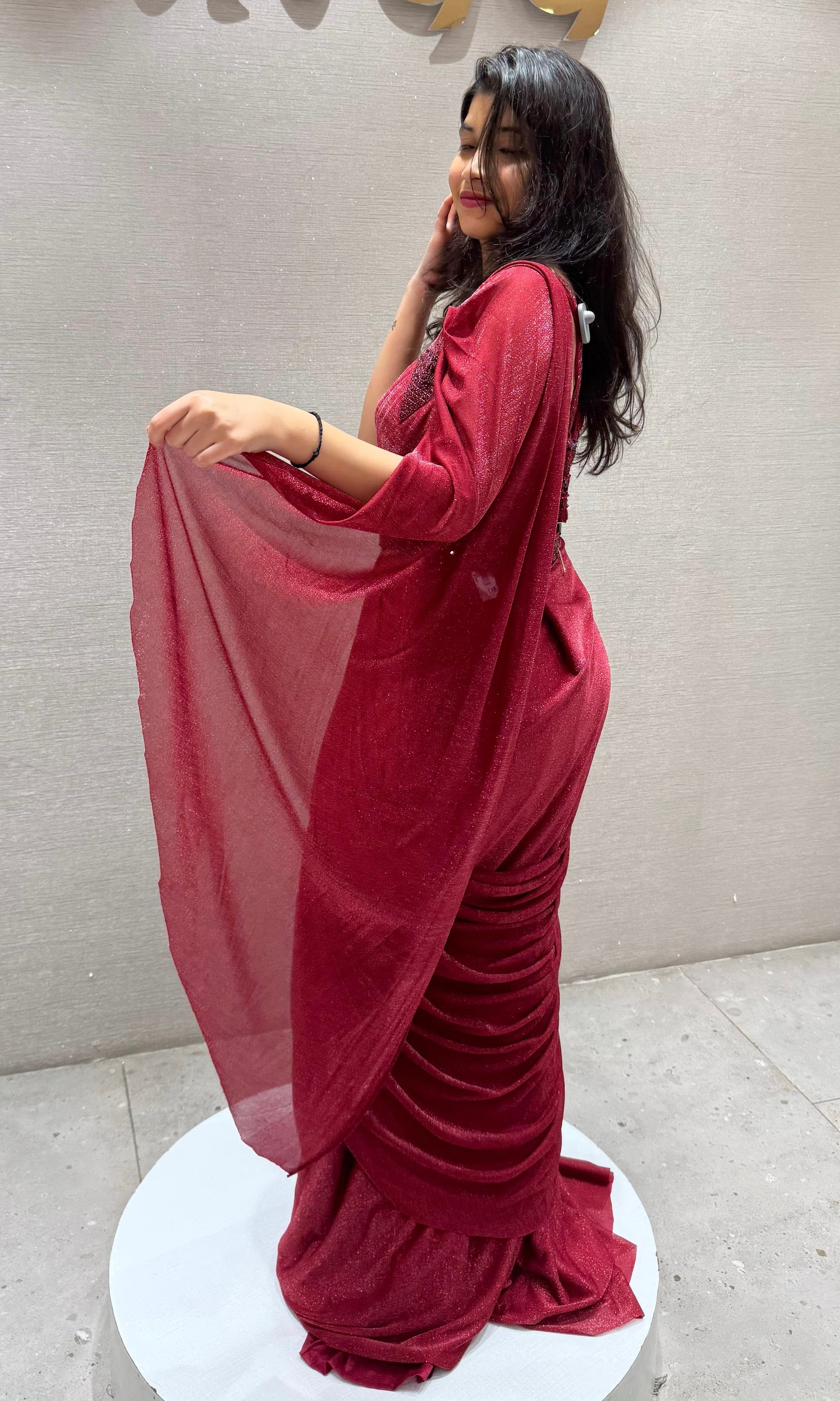 Maroon sequin embroidered drape saree