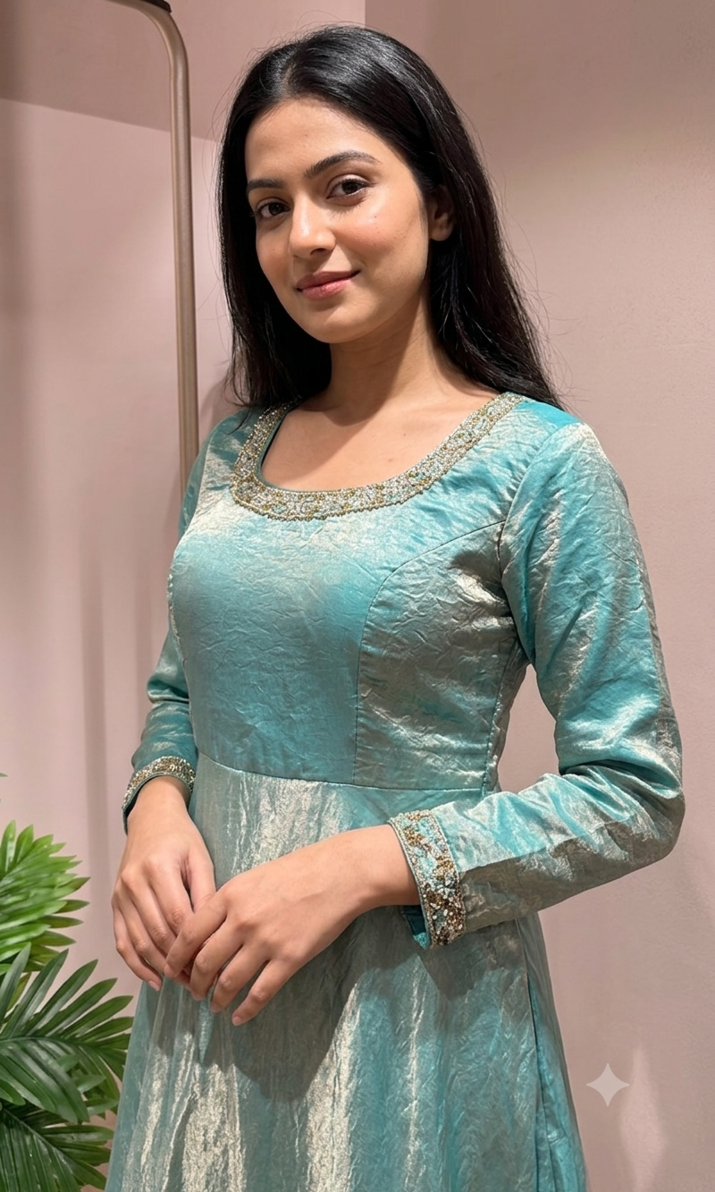 SEA GREEN TISSUE CRYSTAL WORK ANARKALI