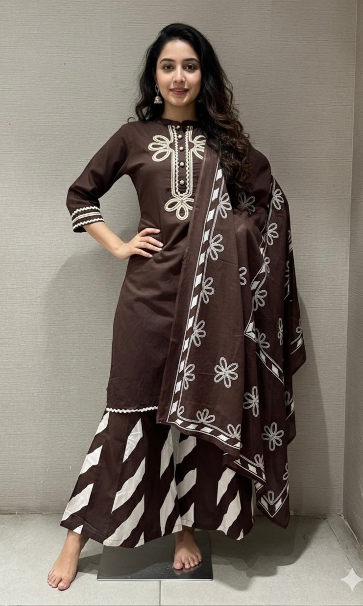 Brown FLORAL KURTA SET WITH PALAZZO PANTS
