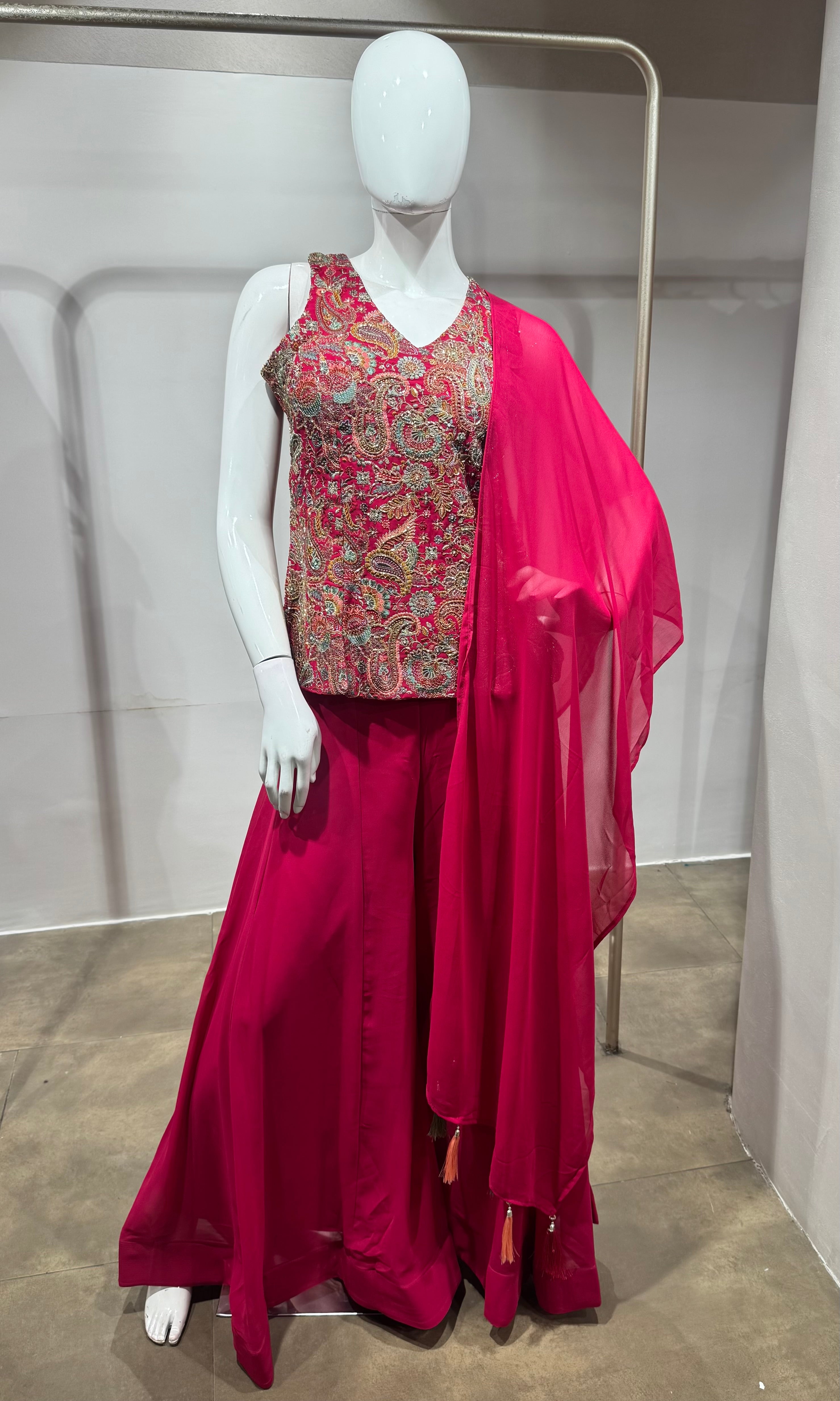Pink Embroidered Peplum Palazzo Set