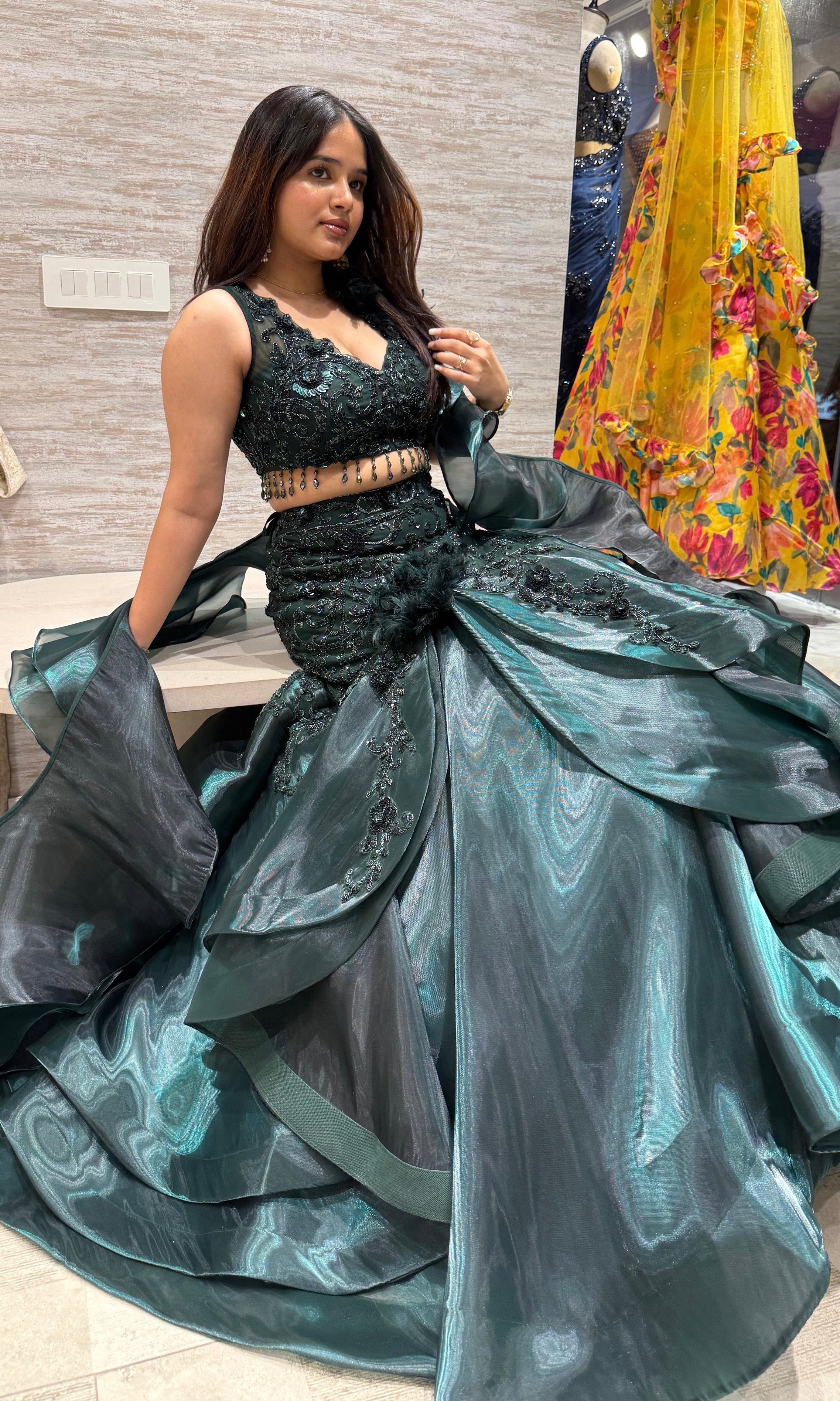 green Emerald Ruffle Lehenga