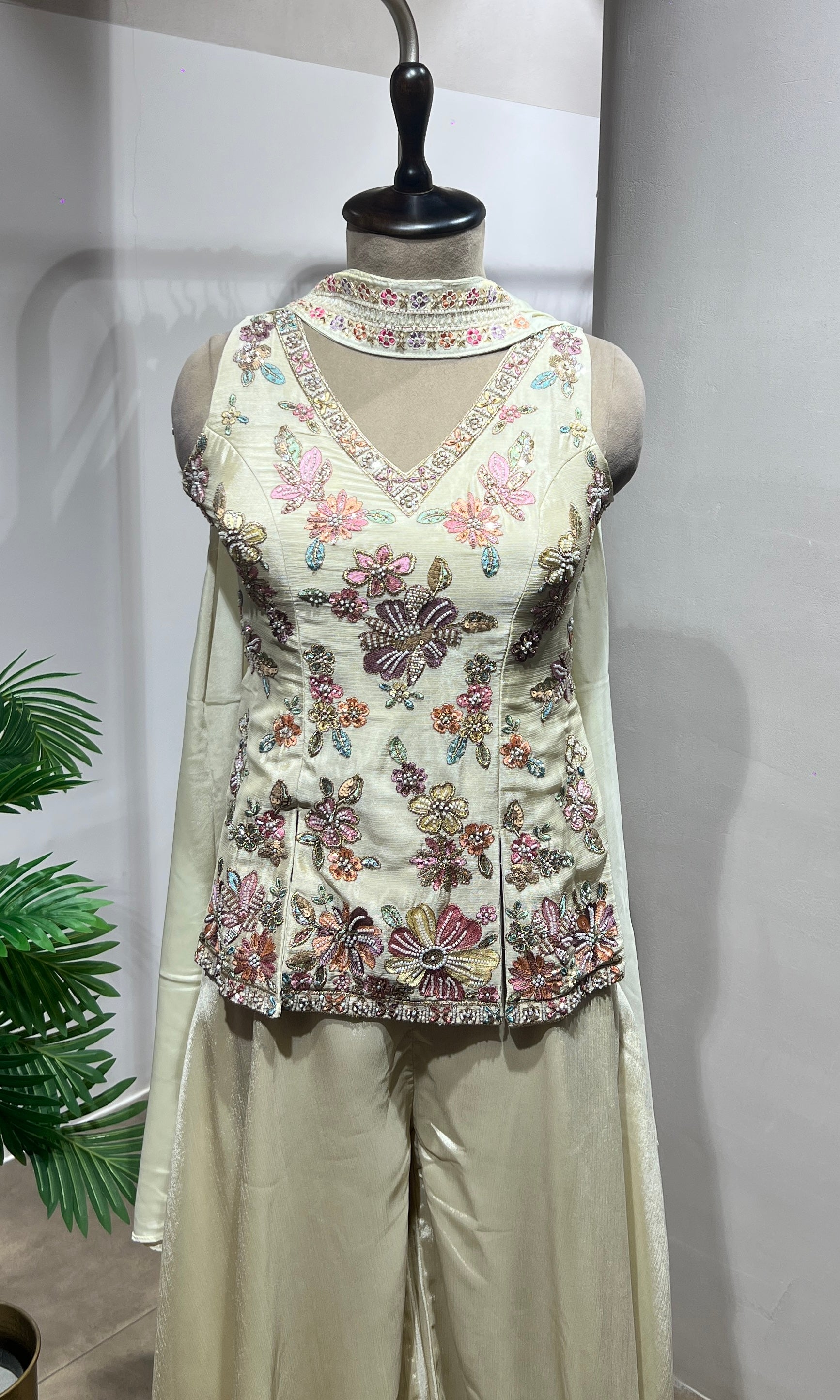 Cream Floral Embroidered Palazzo Suit